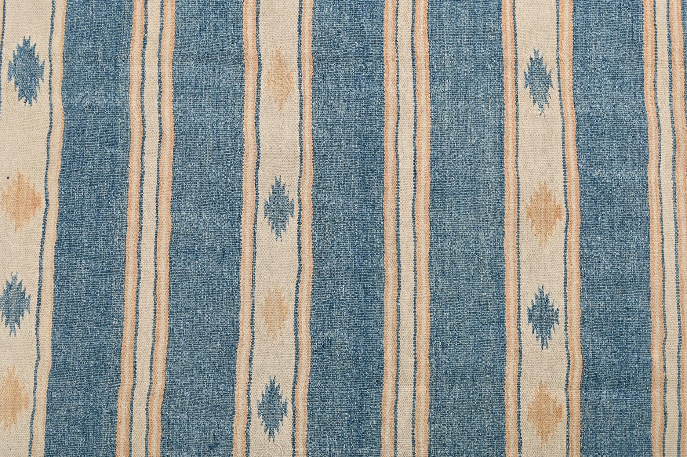 Mid-20th Century Vintage Dhurrie Flat Weave in Blue and Off-White Stripes by Rug & Kilim For Sale