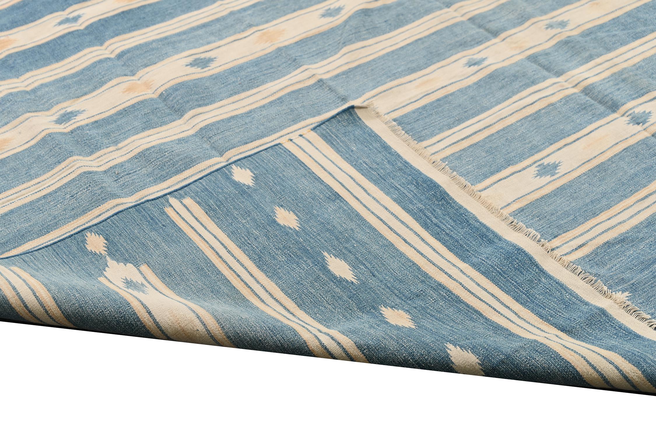 Cotton Vintage Dhurrie Flat Weave in Blue and Off-White Stripes by Rug & Kilim For Sale