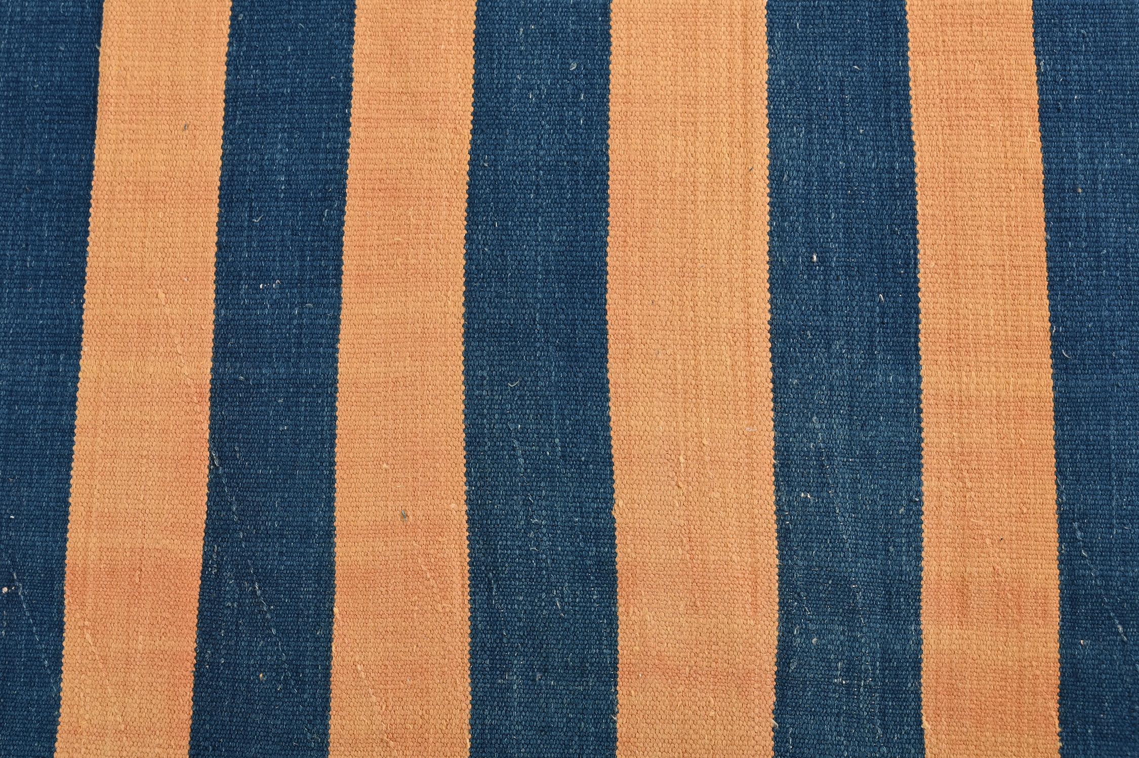Mid-20th Century Vintage Dhurrie Flat Weave in Blue and Orange Stripes by Rug & Kilim For Sale
