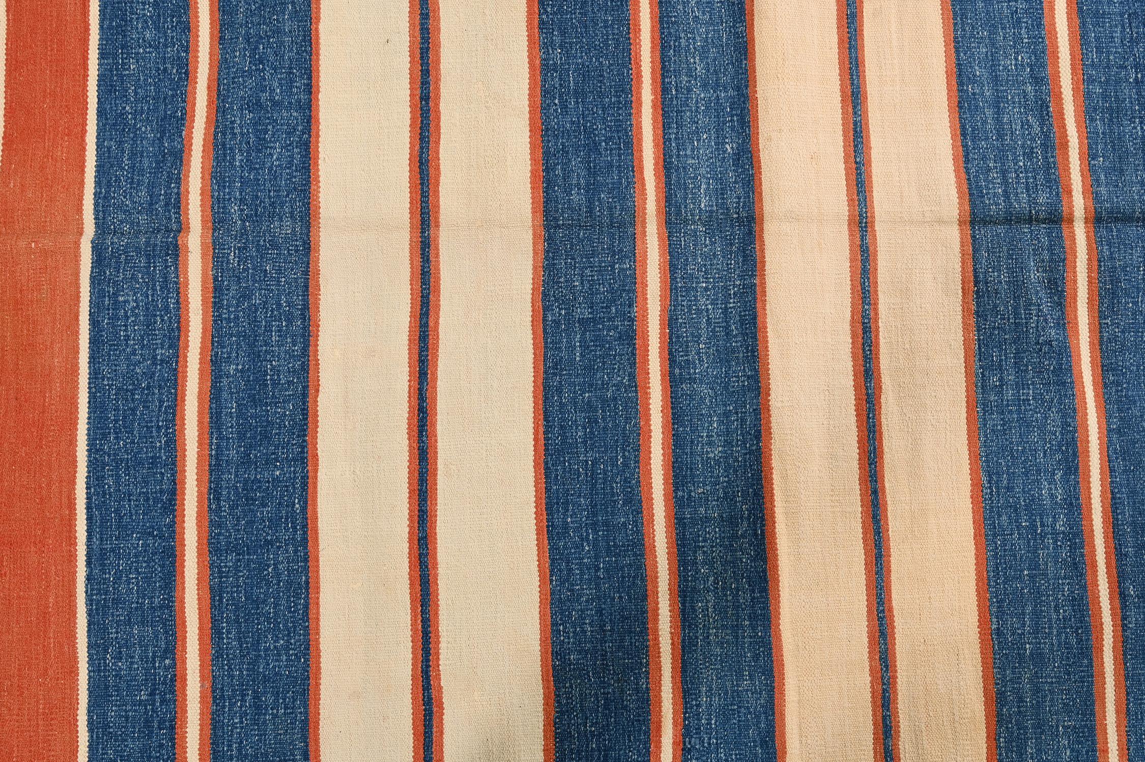 Mid-20th Century Vintage Dhurrie Flat Weave in Blue and Orange Stripes Patterns by Rug & Kilim For Sale