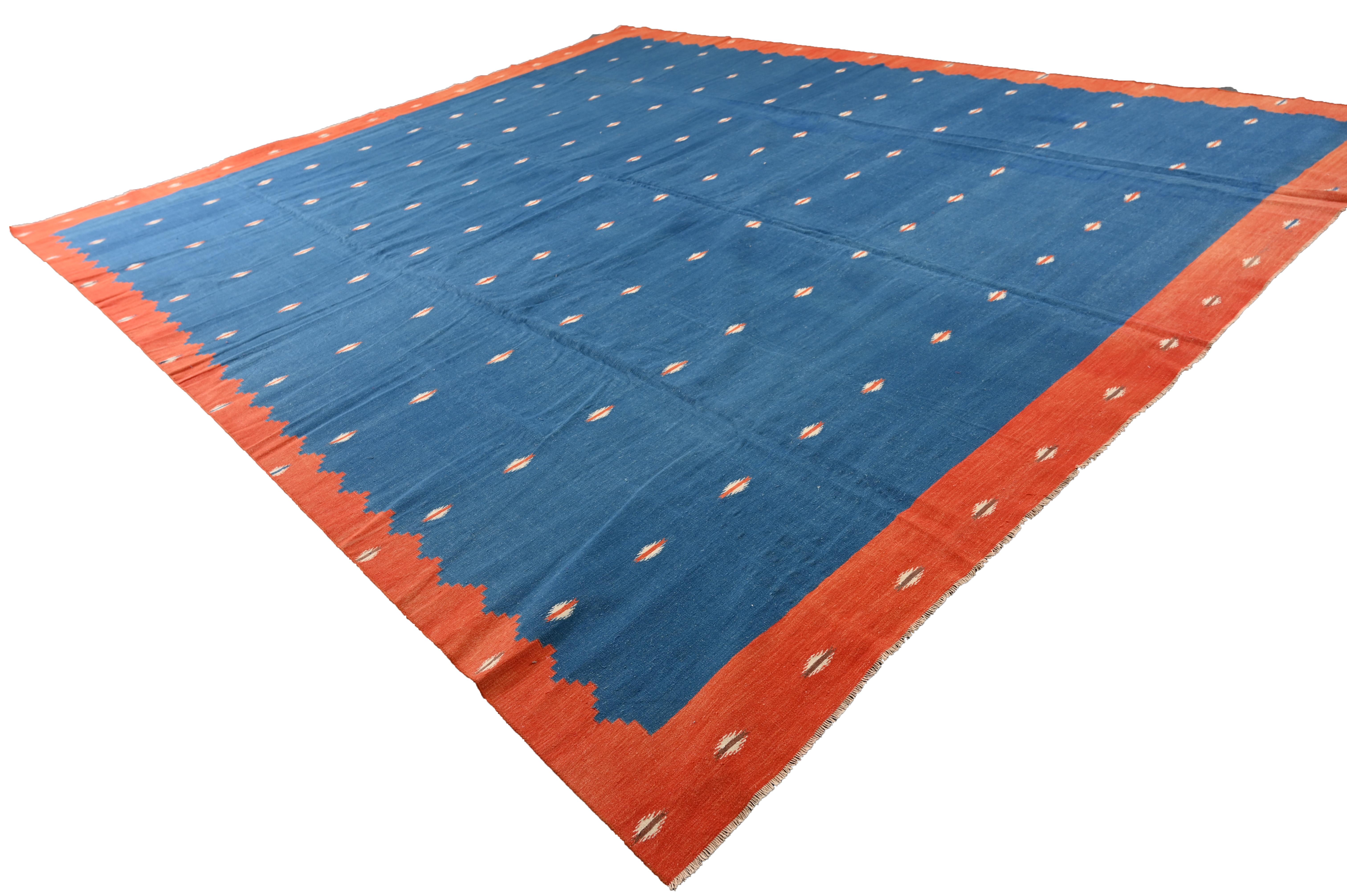 Indian Vintage Dhurrie Flat Weave in Blue & Brick Red by Rug & Kilim