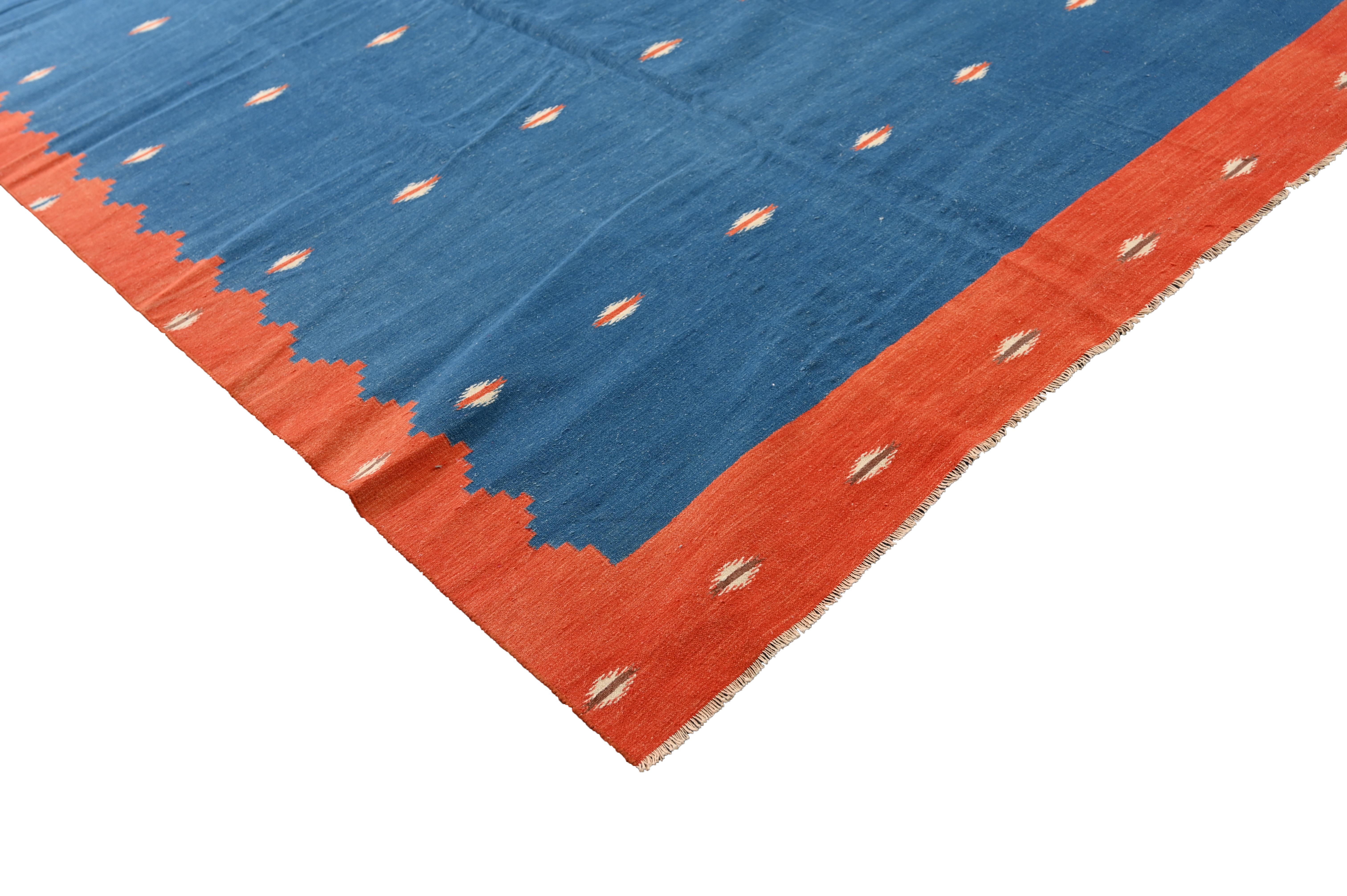 Hand-Knotted Vintage Dhurrie Flat Weave in Blue & Brick Red by Rug & Kilim