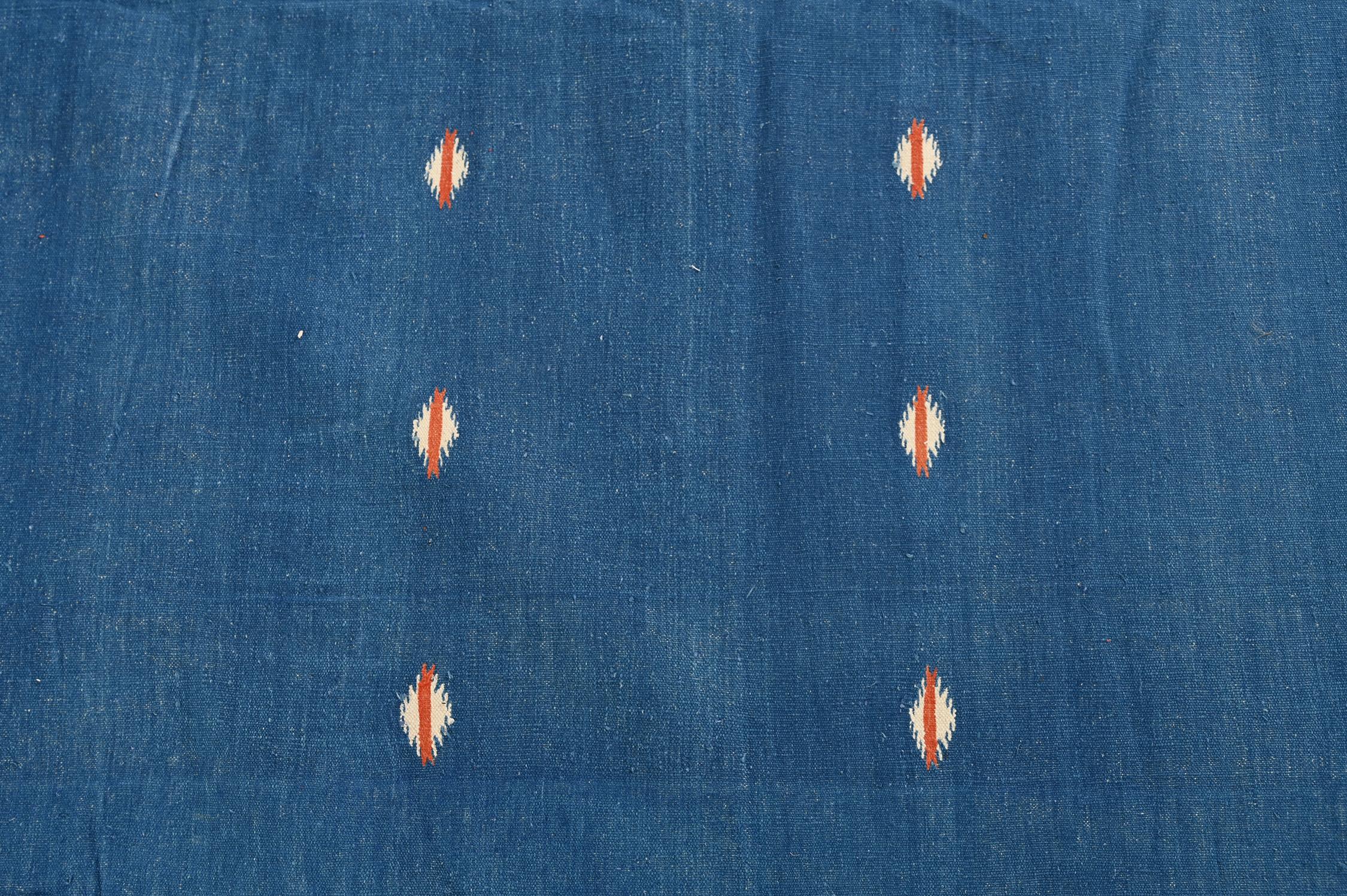 Mid-20th Century Vintage Dhurrie Flat Weave in Blue & Brick Red by Rug & Kilim