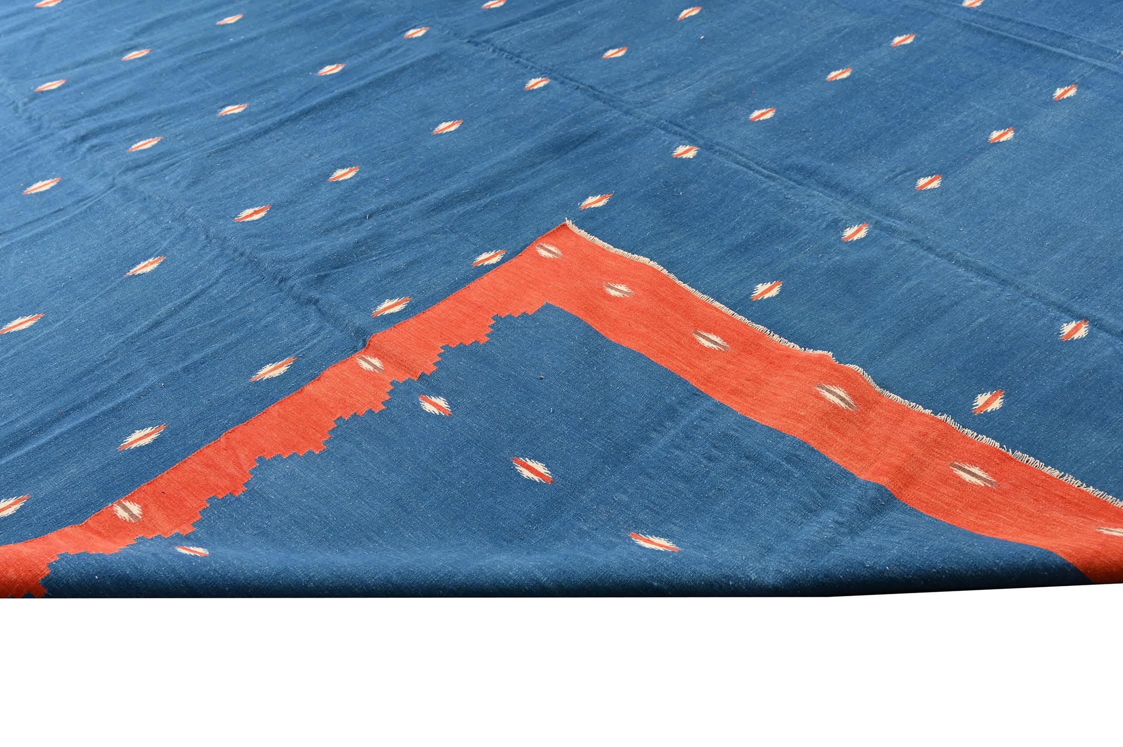 Cotton Vintage Dhurrie Flat Weave in Blue & Brick Red by Rug & Kilim
