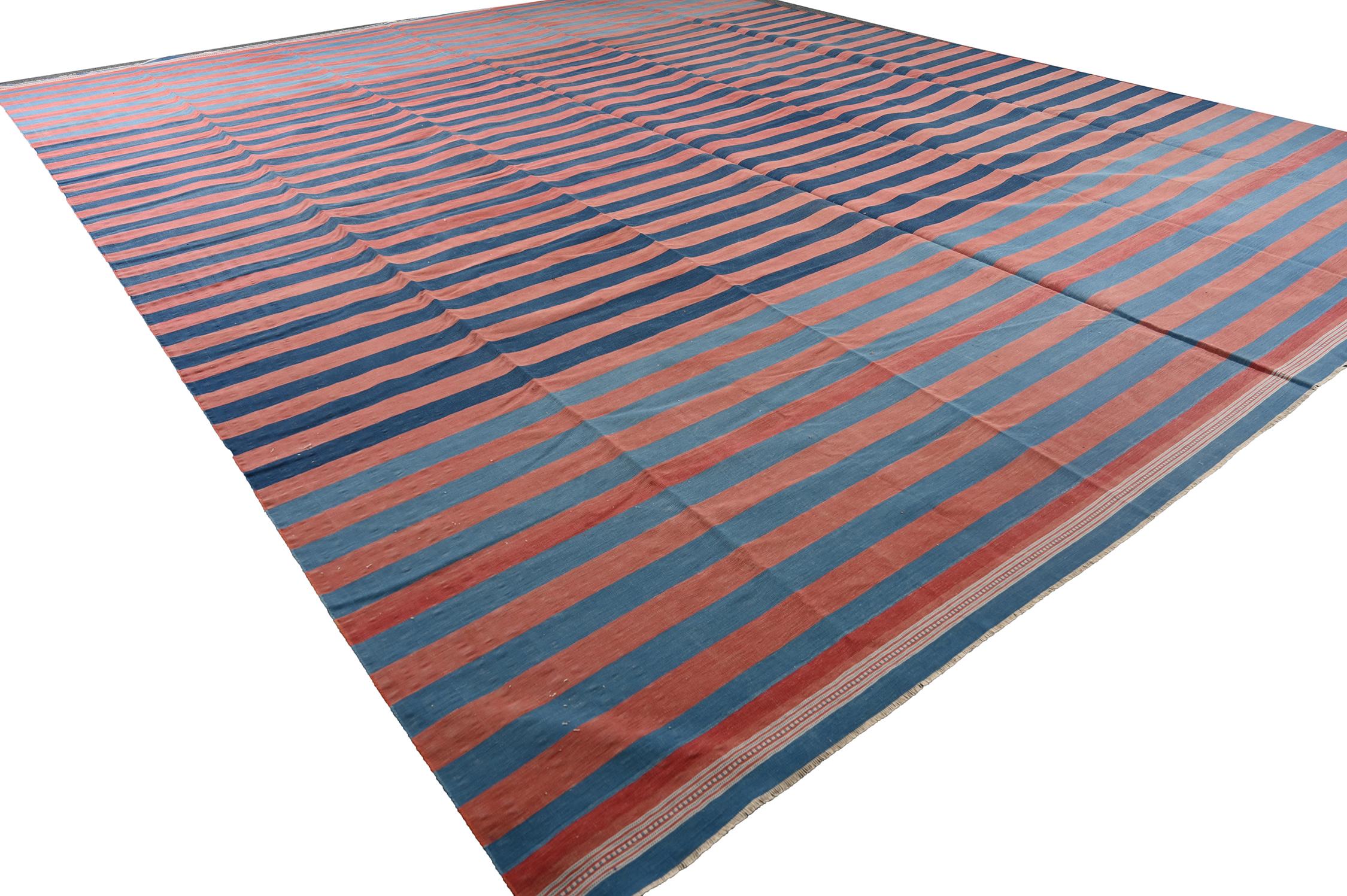 Indian Vintage Dhurrie Flat Weave in Blue & Red Stripes by Rug & Kilim For Sale