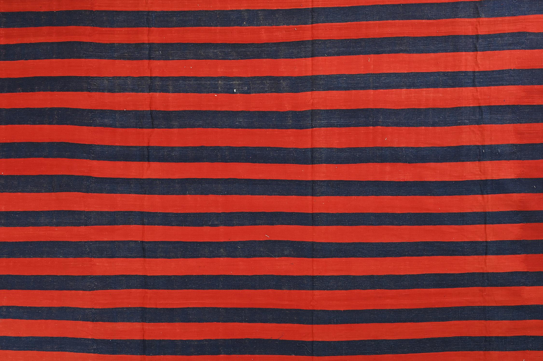 Hand-Knotted Vintage Dhurrie Flat Weave in Blue & Red Stripes by Rug & Kilim For Sale