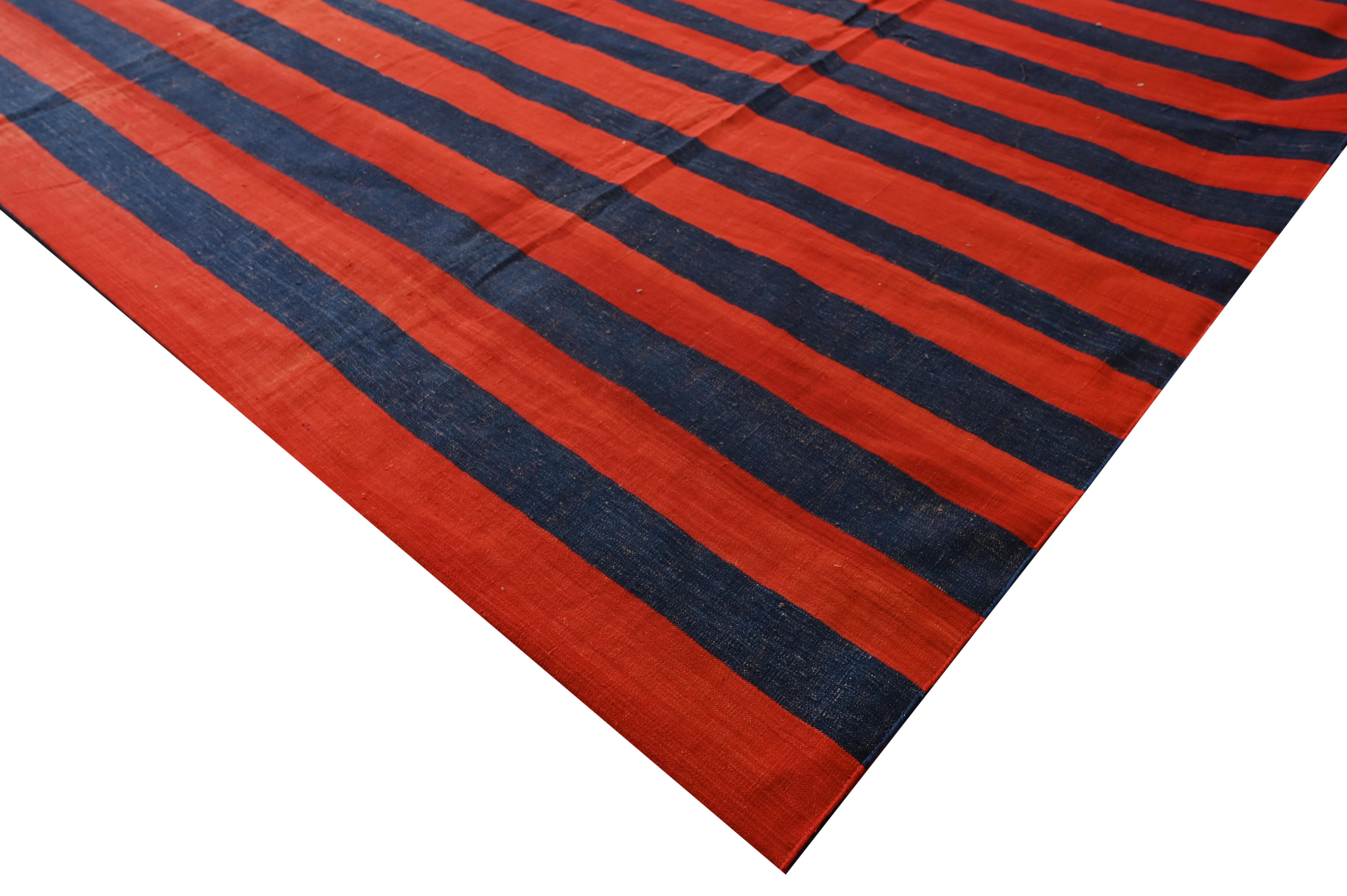 Vintage Dhurrie Flat Weave in Blue & Red Stripes by Rug & Kilim In Good Condition For Sale In Long Island City, NY