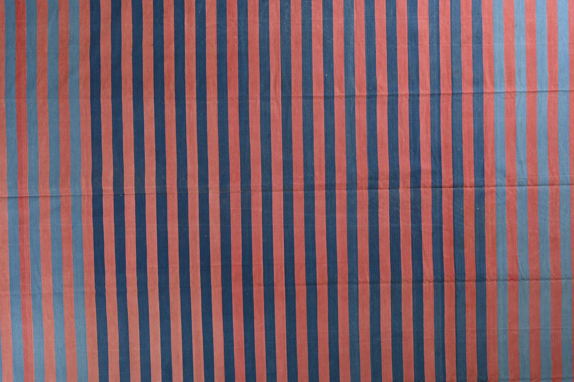 Vintage Dhurrie Flat Weave in Blue & Red Stripes by Rug & Kilim In Good Condition For Sale In Long Island City, NY