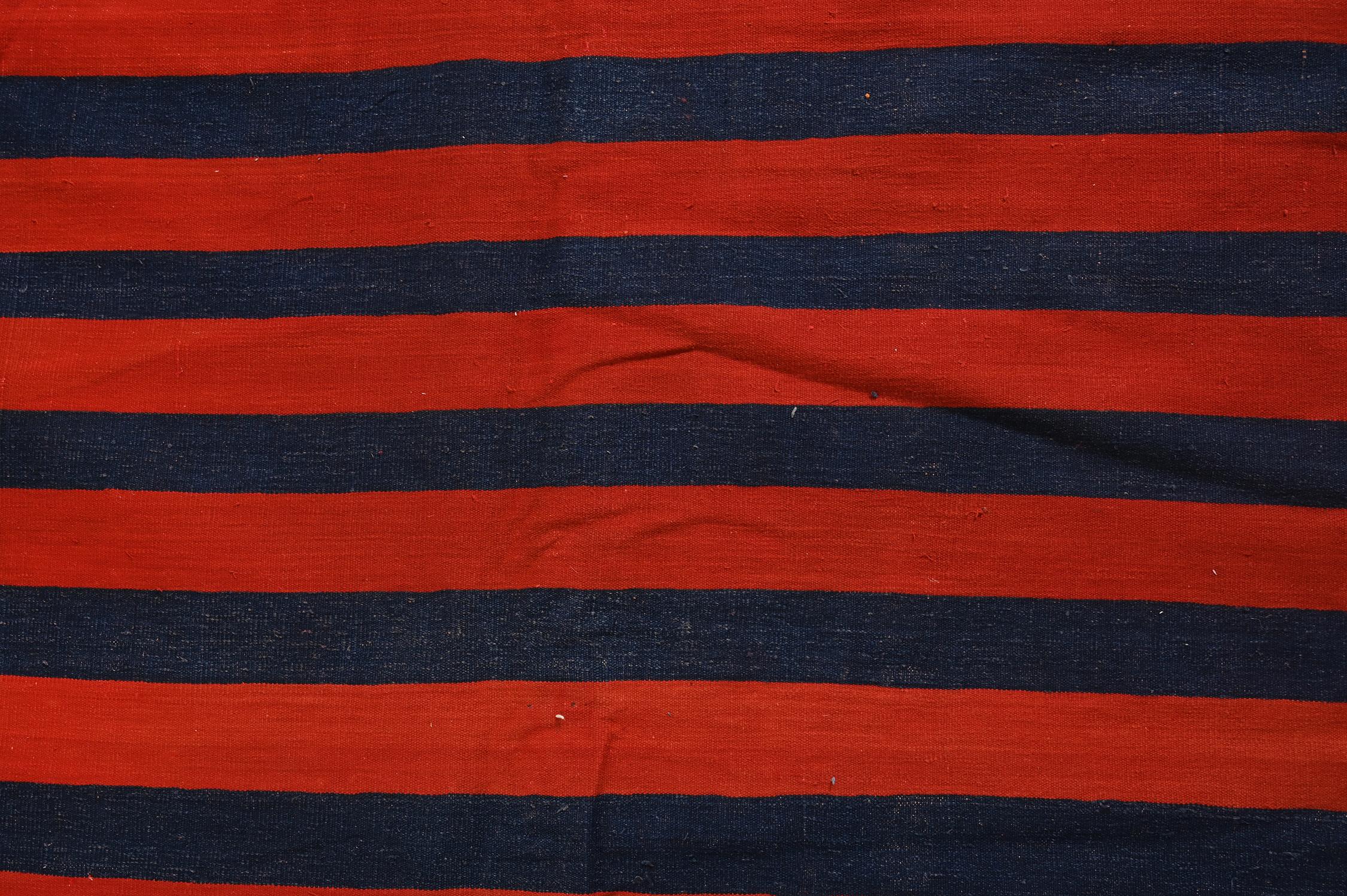Mid-20th Century Vintage Dhurrie Flat Weave in Blue & Red Stripes by Rug & Kilim For Sale