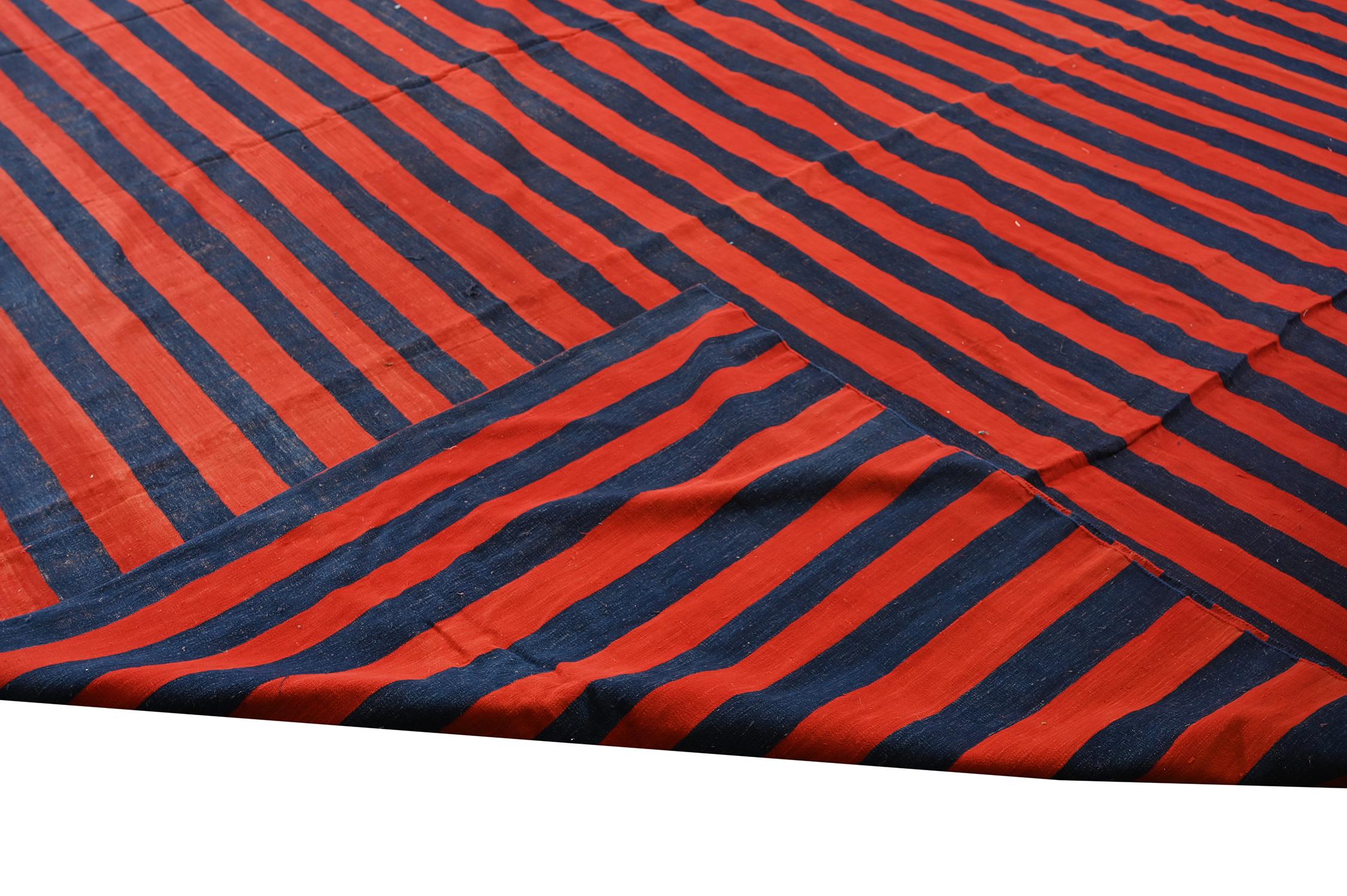 Cotton Vintage Dhurrie Flat Weave in Blue & Red Stripes by Rug & Kilim For Sale