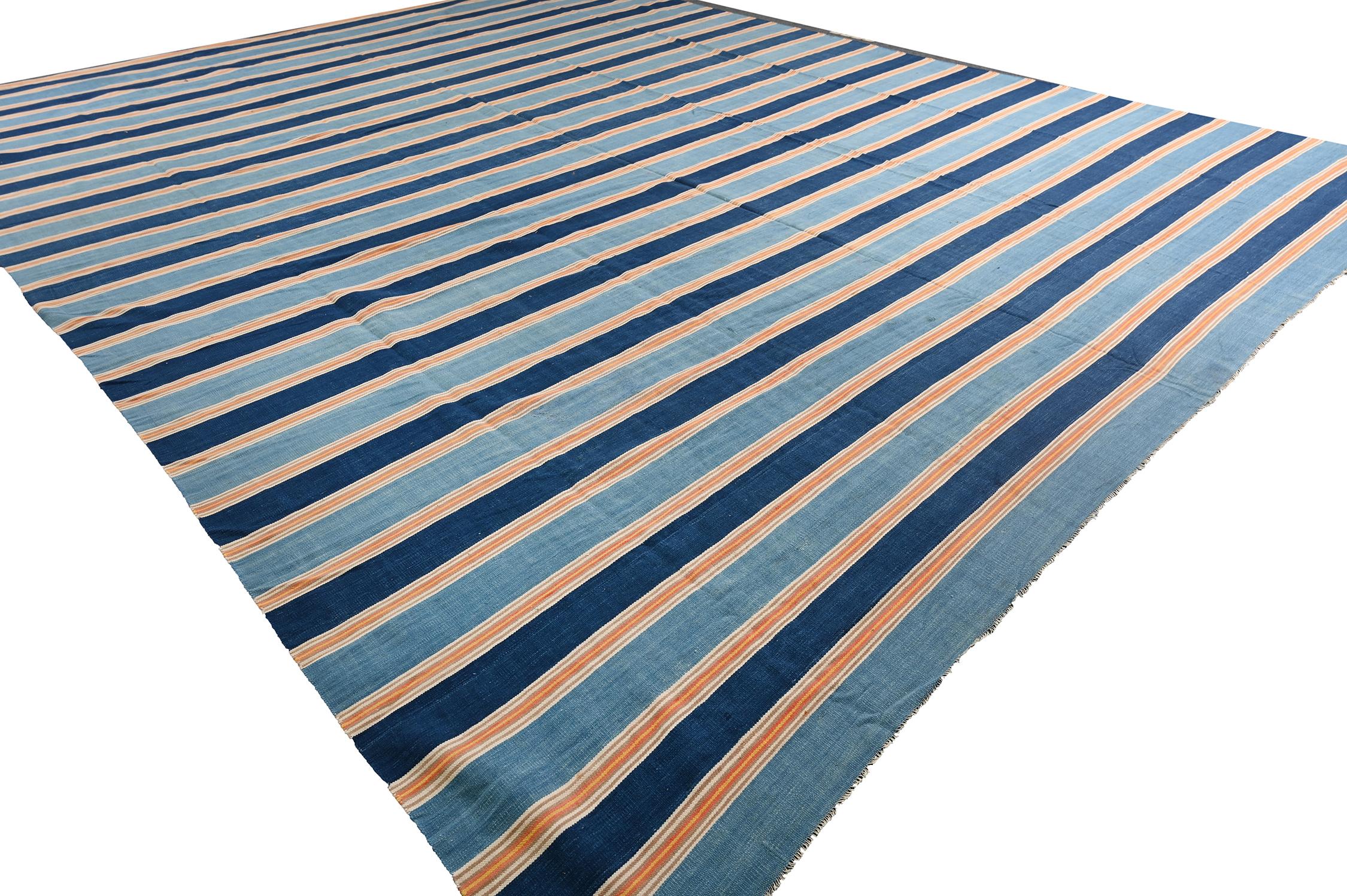 Indian Vintage Dhurrie Flat Weave in Blue Stripes by Rug & Kilim For Sale
