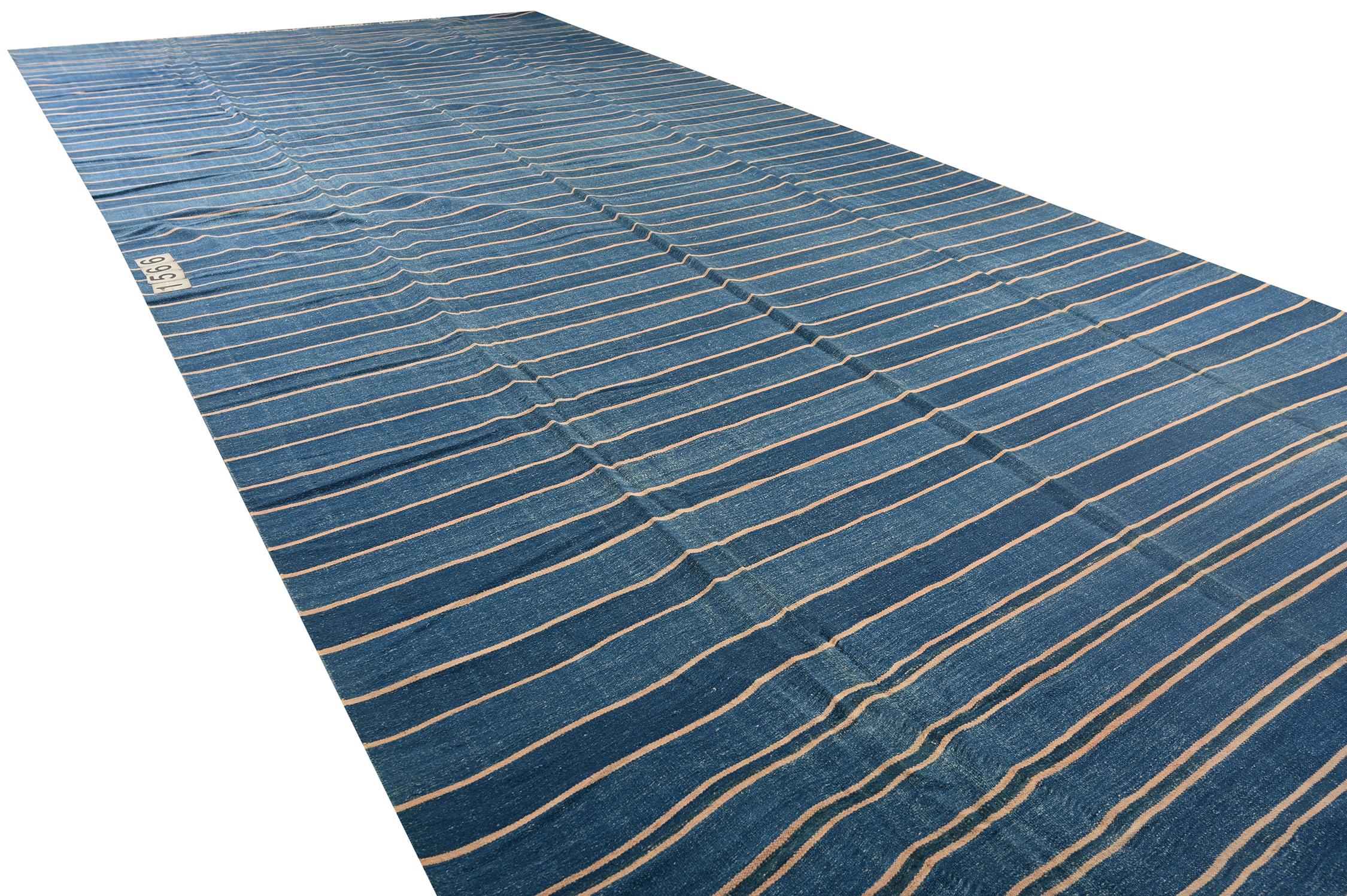 Indian Vintage Dhurrie Flat Weave in Blue Stripes by Rug & Kilim For Sale