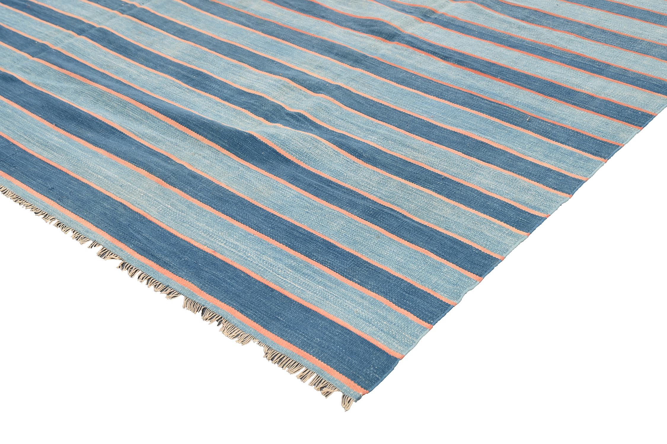 Hand-Knotted Vintage Dhurrie Flat Weave in Blue Stripes by Rug & Kilim
