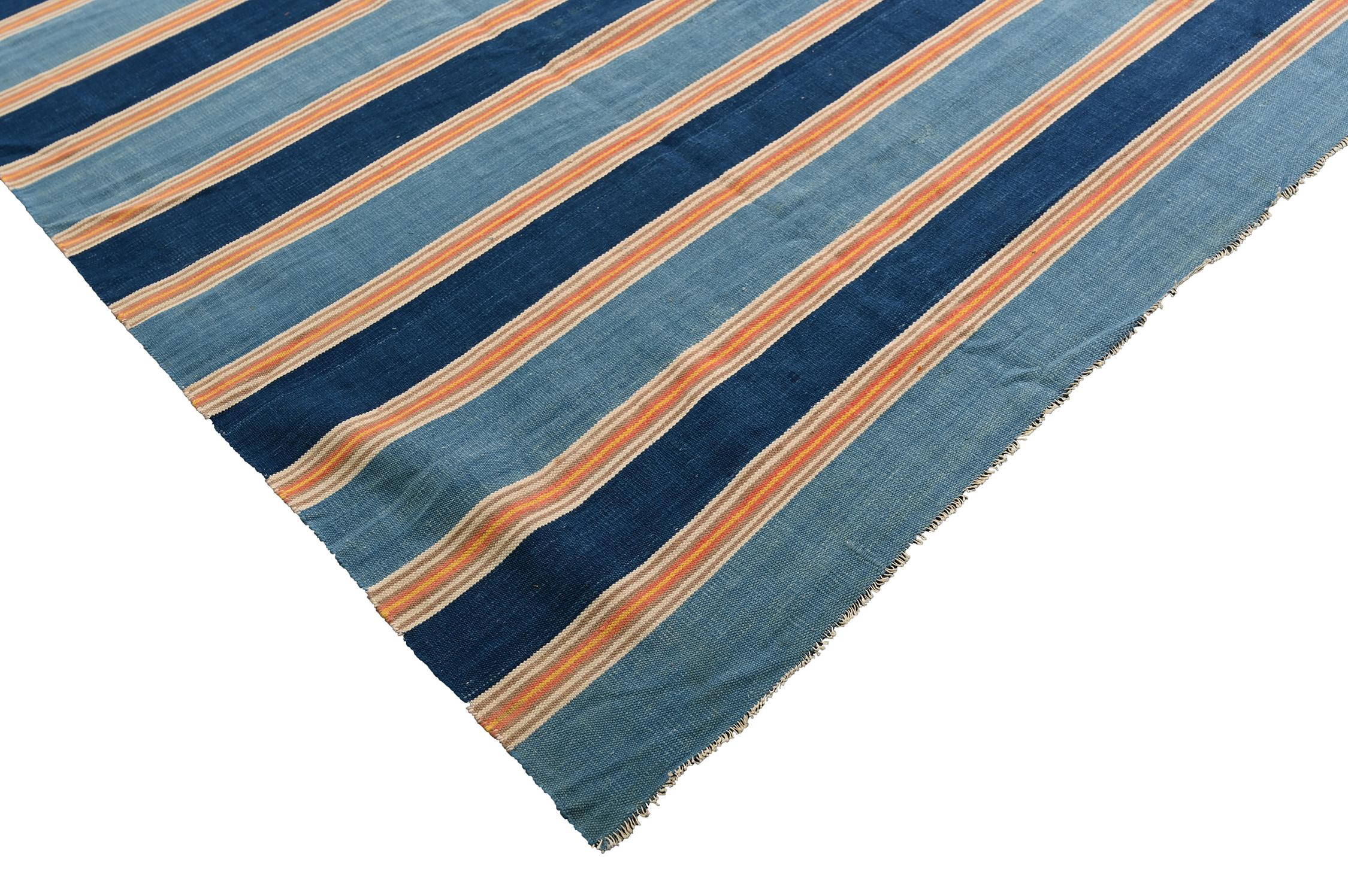 Hand-Knotted Vintage Dhurrie Flat Weave in Blue Stripes by Rug & Kilim For Sale