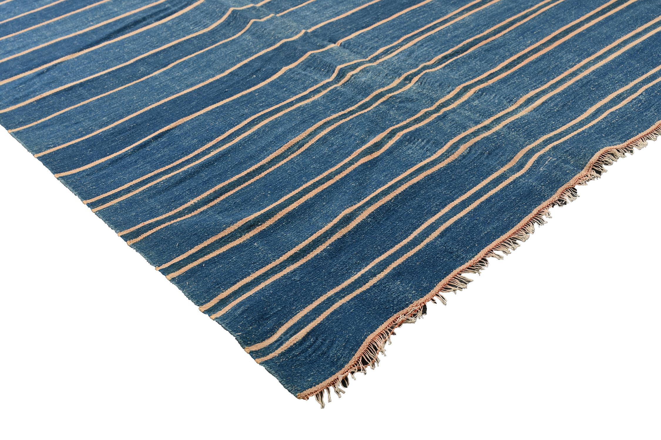Hand-Knotted Vintage Dhurrie Flat Weave in Blue Stripes by Rug & Kilim For Sale