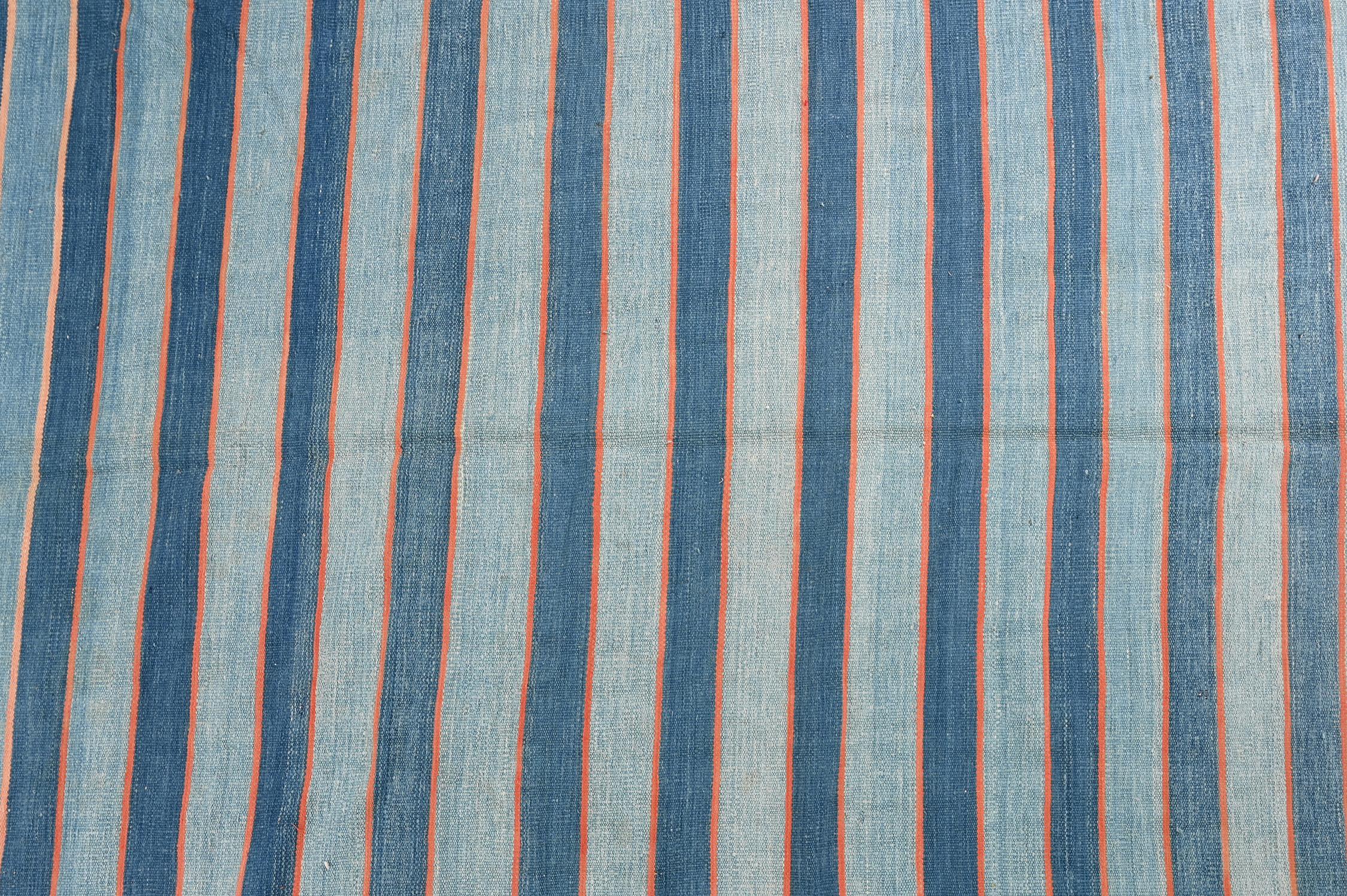 Vintage Dhurrie Flat Weave in Blue Stripes by Rug & Kilim In Good Condition In Long Island City, NY