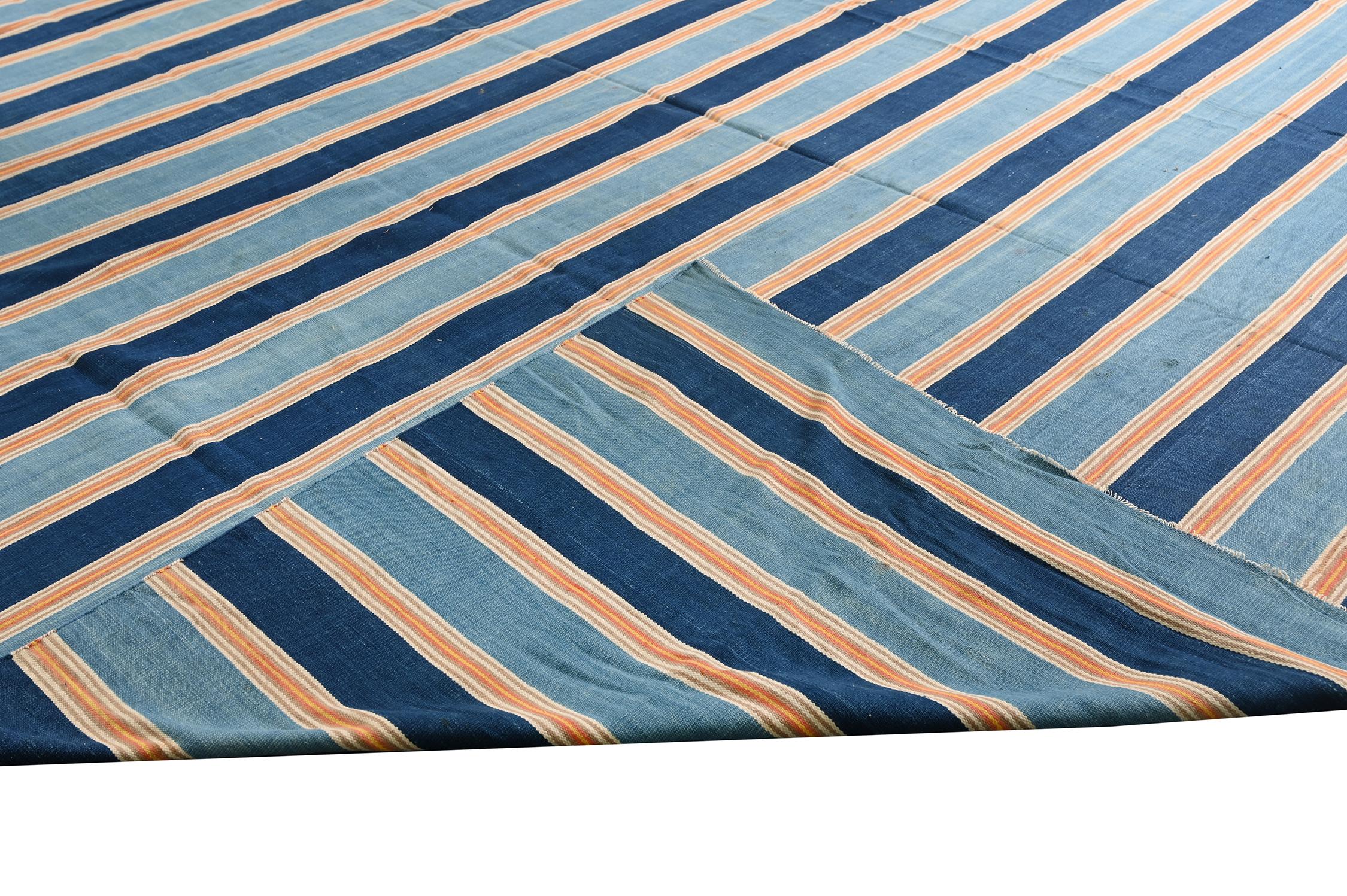 Vintage Dhurrie Flat Weave in Blue Stripes by Rug & Kilim In Good Condition For Sale In Long Island City, NY