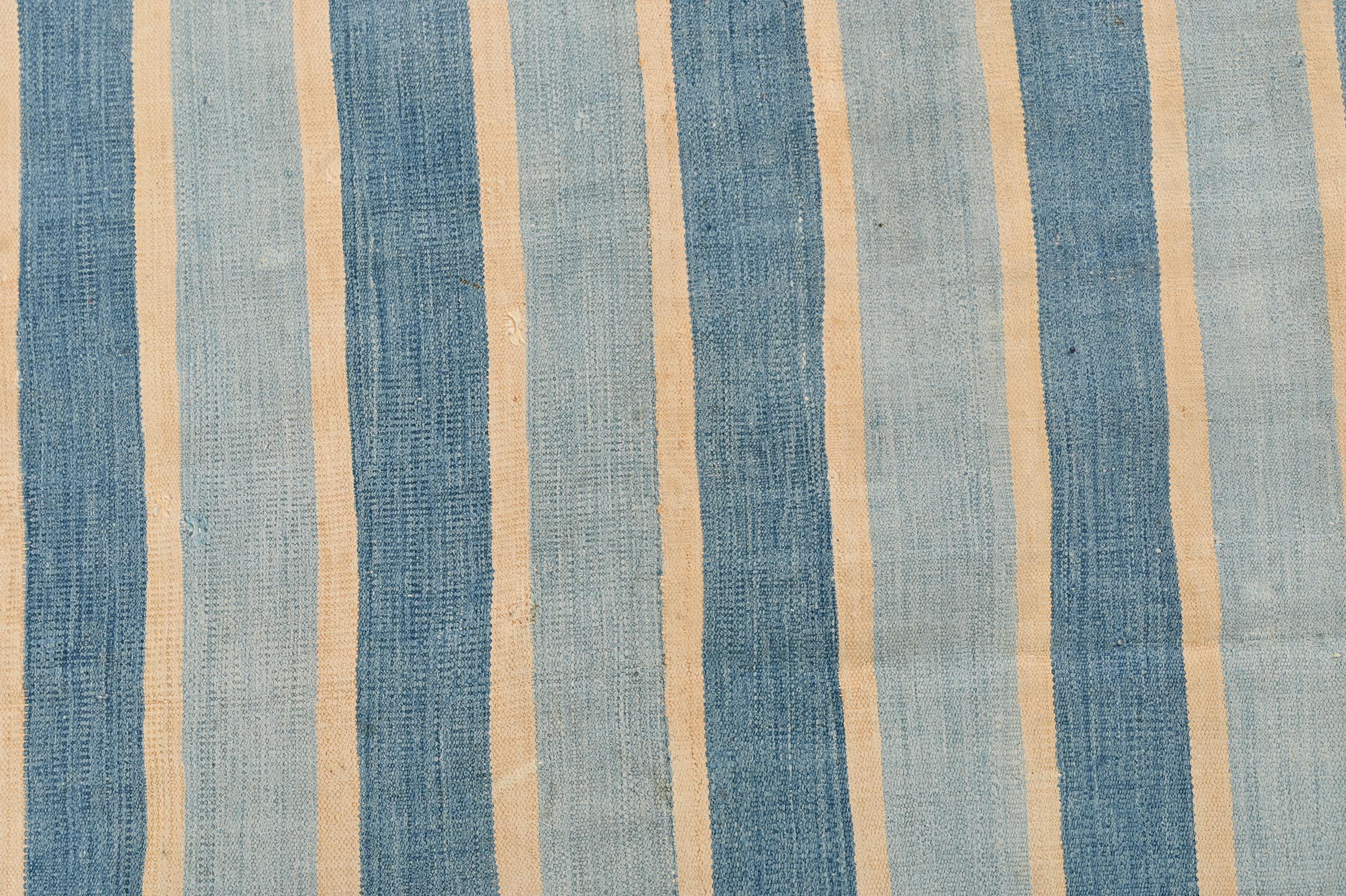Mid-20th Century Vintage Dhurrie Flat Weave in Blue Stripes by Rug & Kilim For Sale