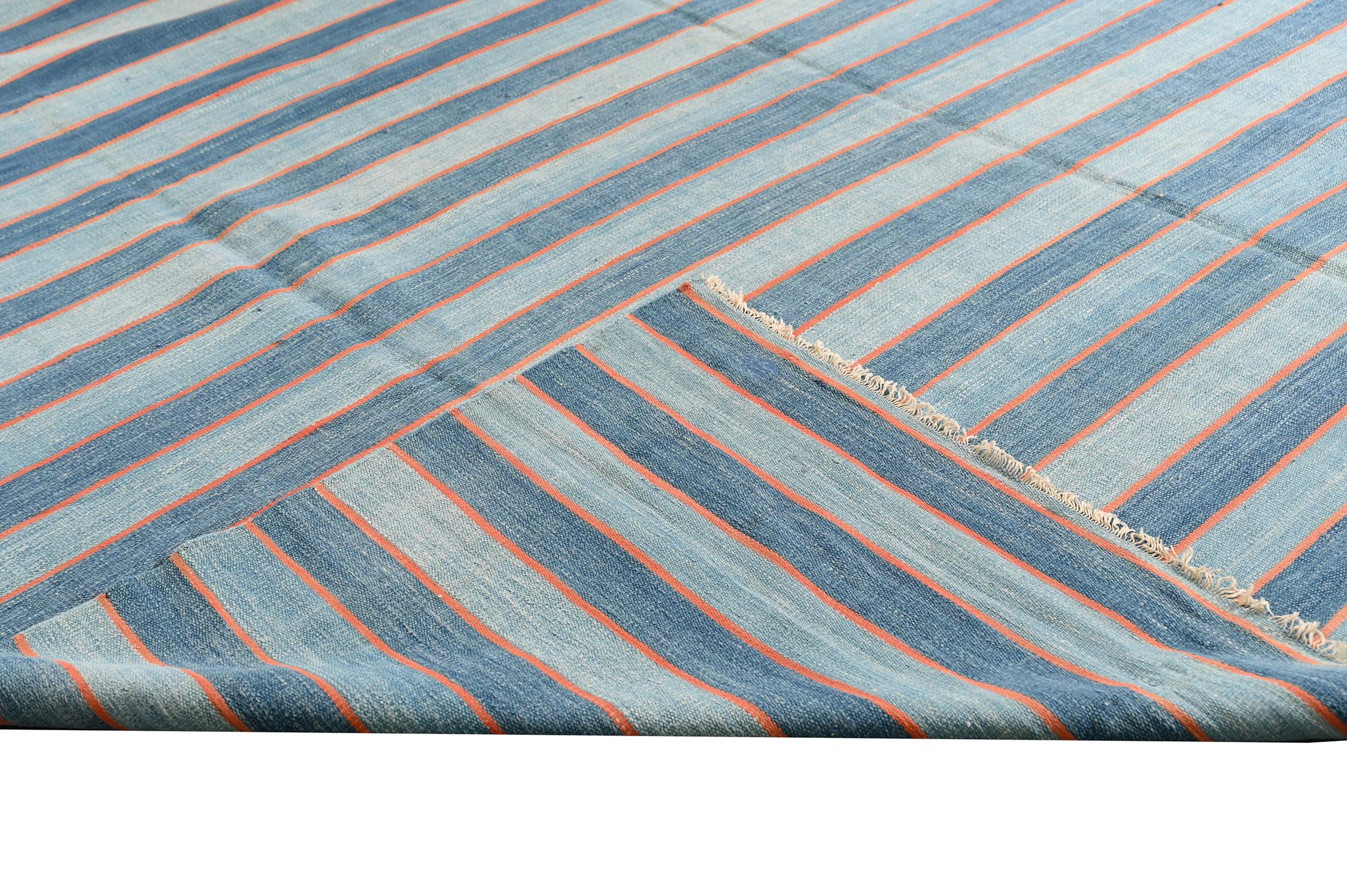Mid-20th Century Vintage Dhurrie Flat Weave in Blue Stripes by Rug & Kilim