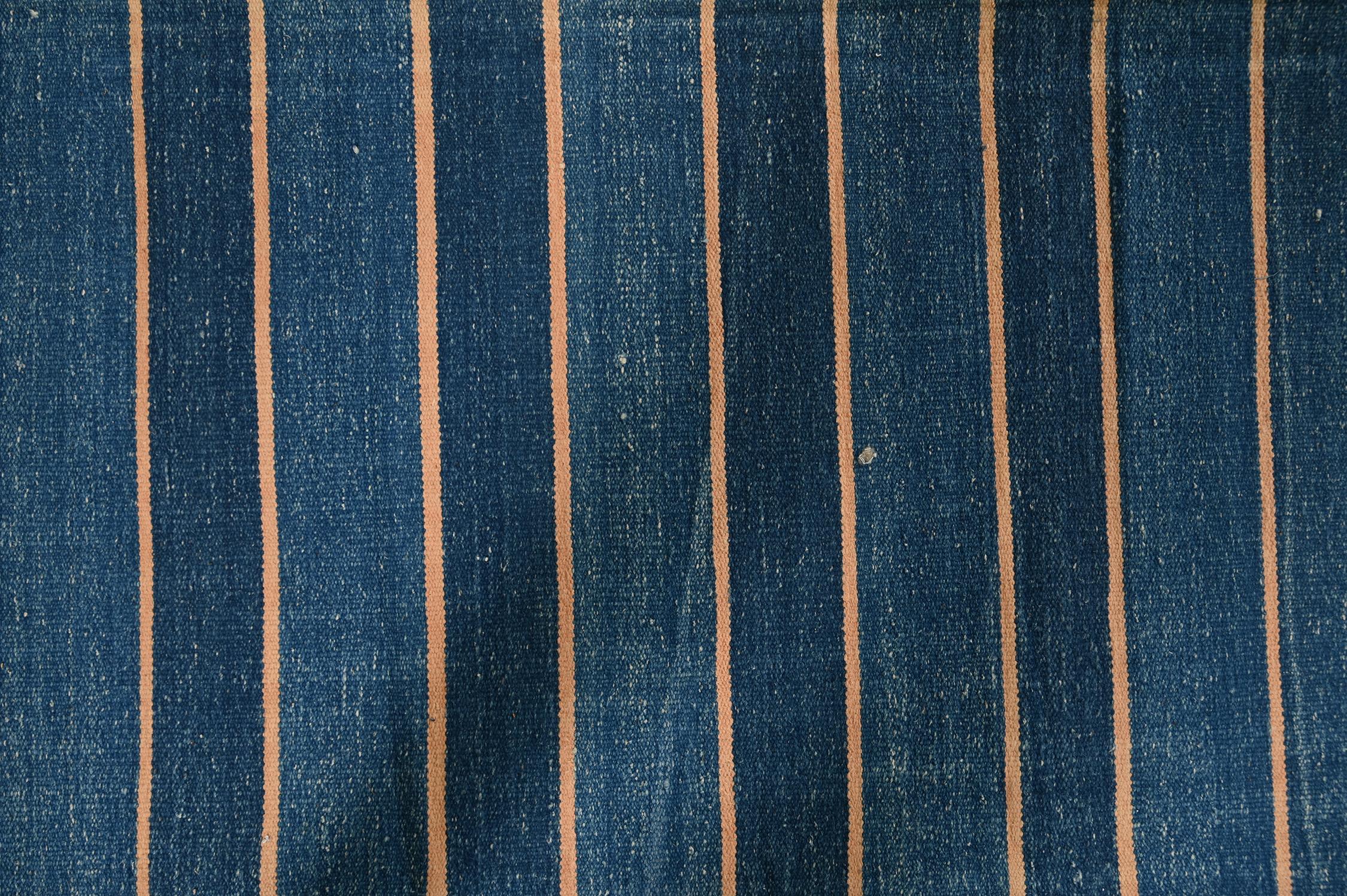 Mid-20th Century Vintage Dhurrie Flat Weave in Blue Stripes by Rug & Kilim For Sale