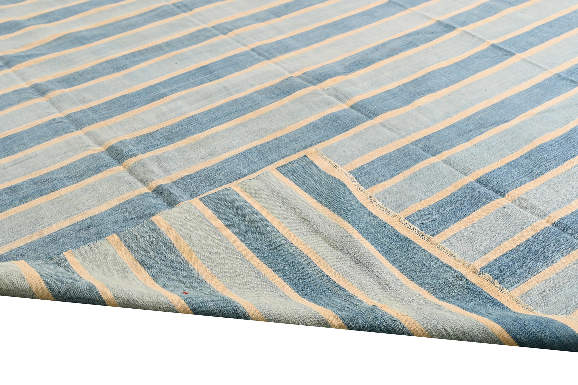 Cotton Vintage Dhurrie Flat Weave in Blue Stripes by Rug & Kilim For Sale