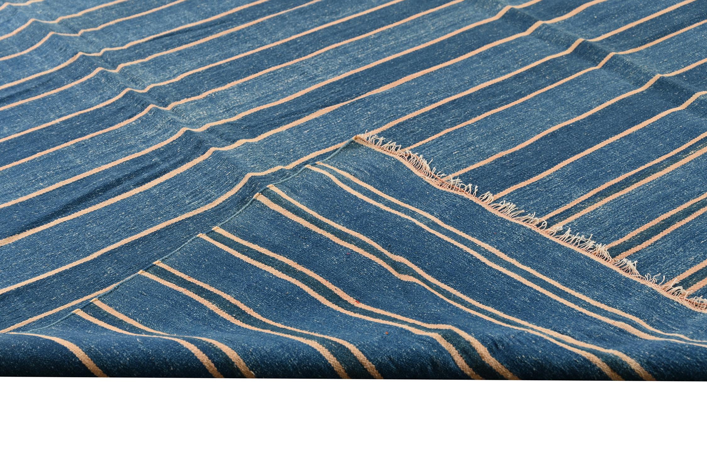 Cotton Vintage Dhurrie Flat Weave in Blue Stripes by Rug & Kilim For Sale