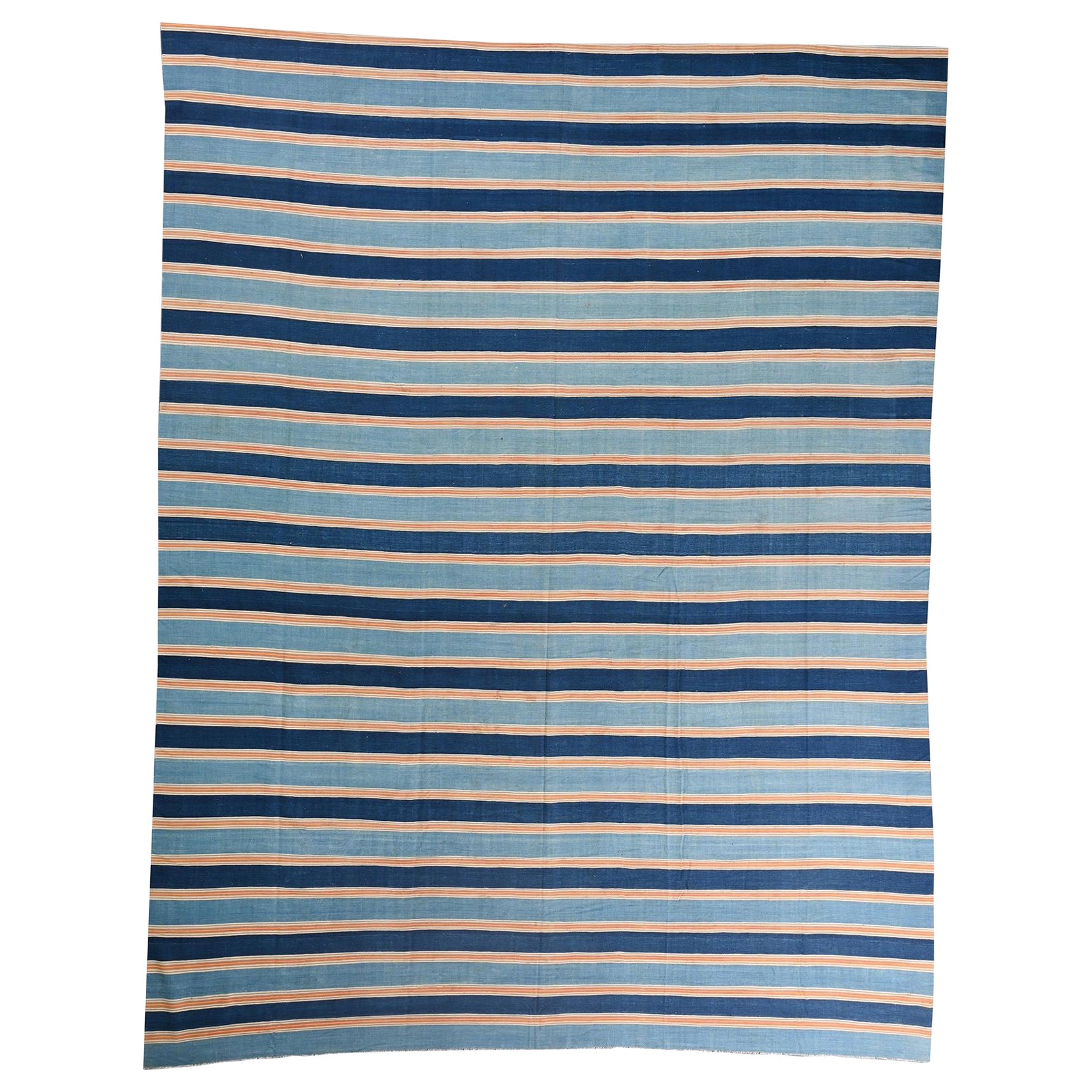 Dhurrie vintage a trama piatta a strisce blu di Rug & Kilim
