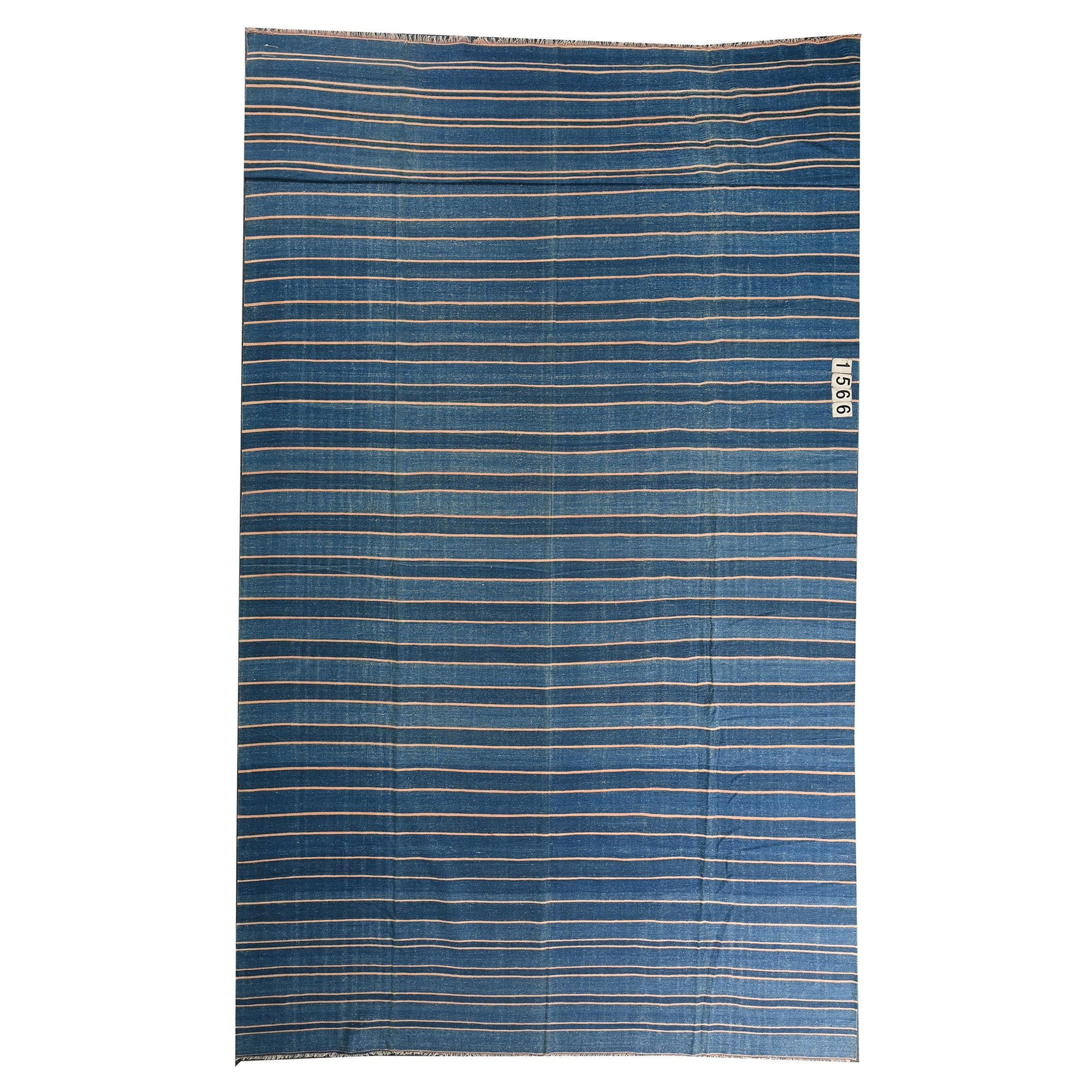 Dhurrie vintage a trama piatta a strisce blu di Rug & Kilim