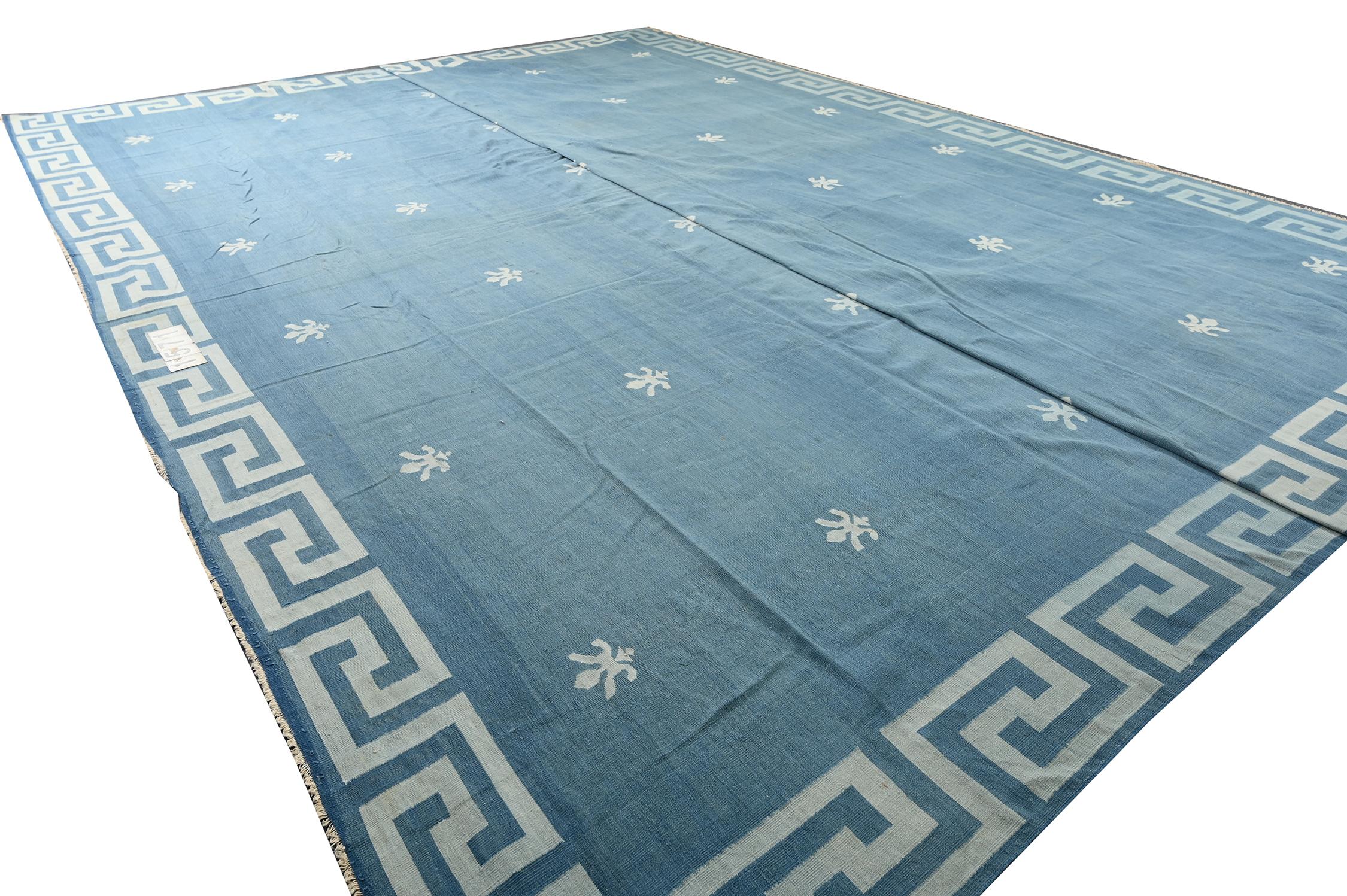 Indian Vintage Dhurrie Flat Weave in Blue with Geometric Patterns by Rug & Kilim For Sale