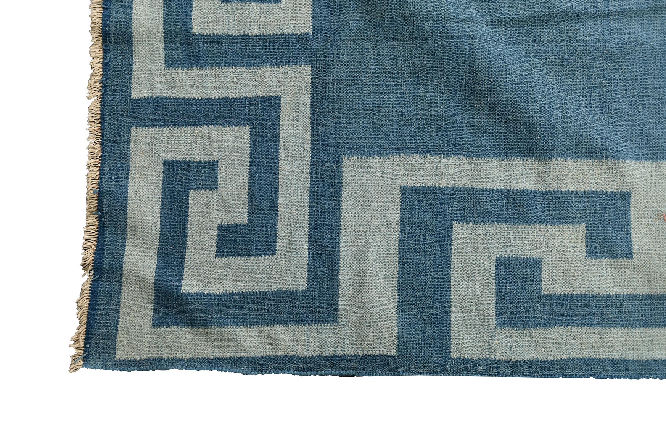 Mid-20th Century Vintage Dhurrie Flat Weave in Blue with Geometric Patterns by Rug & Kilim For Sale