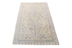 Vintage Dhurrie Flat Weave in Ivory with Blue Floral Pattern by Rug & Kilim