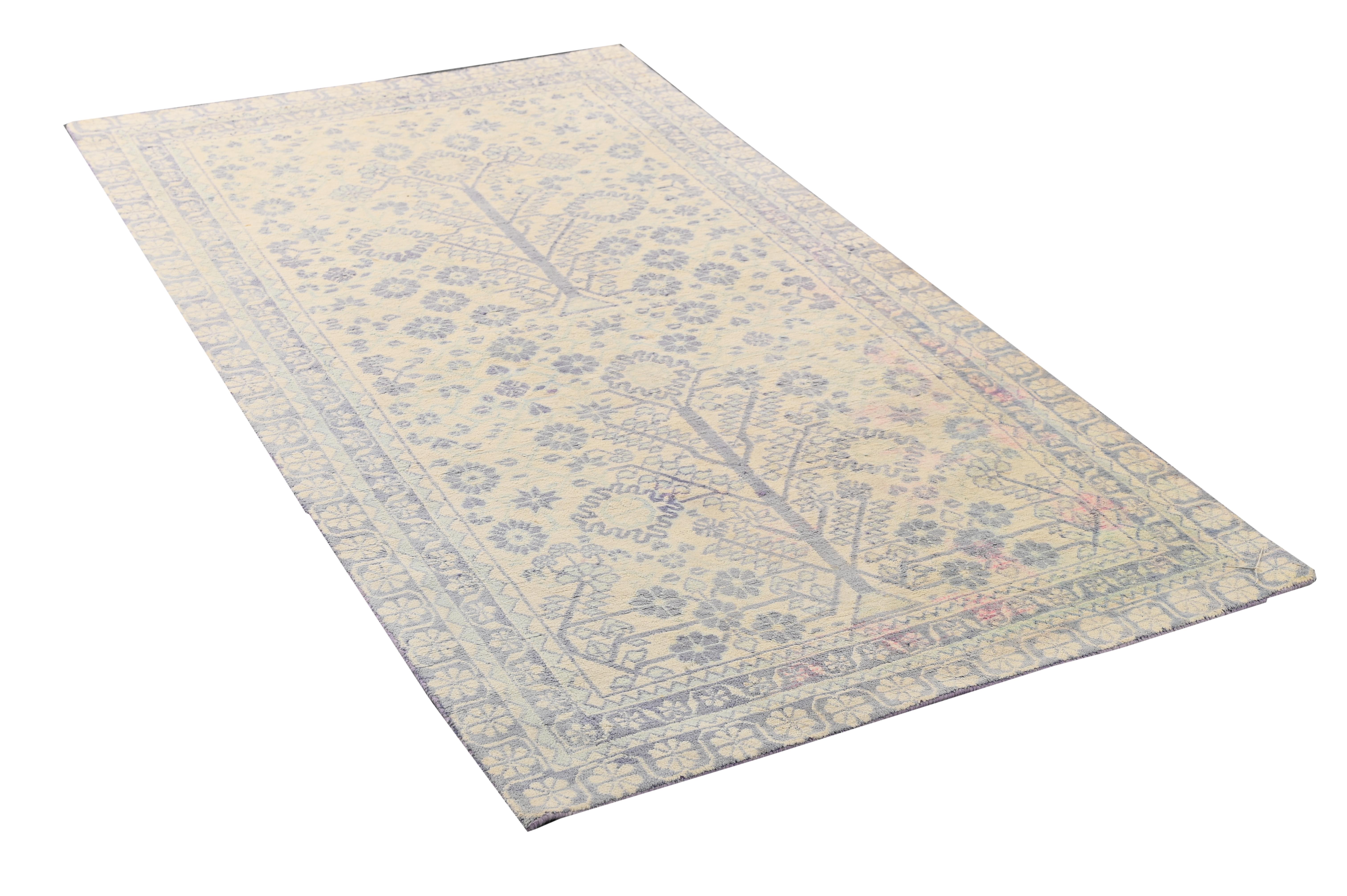 Indian Vintage Dhurrie Flat Weave in Ivory with Blue Floral Pattern by Rug & Kilim For Sale