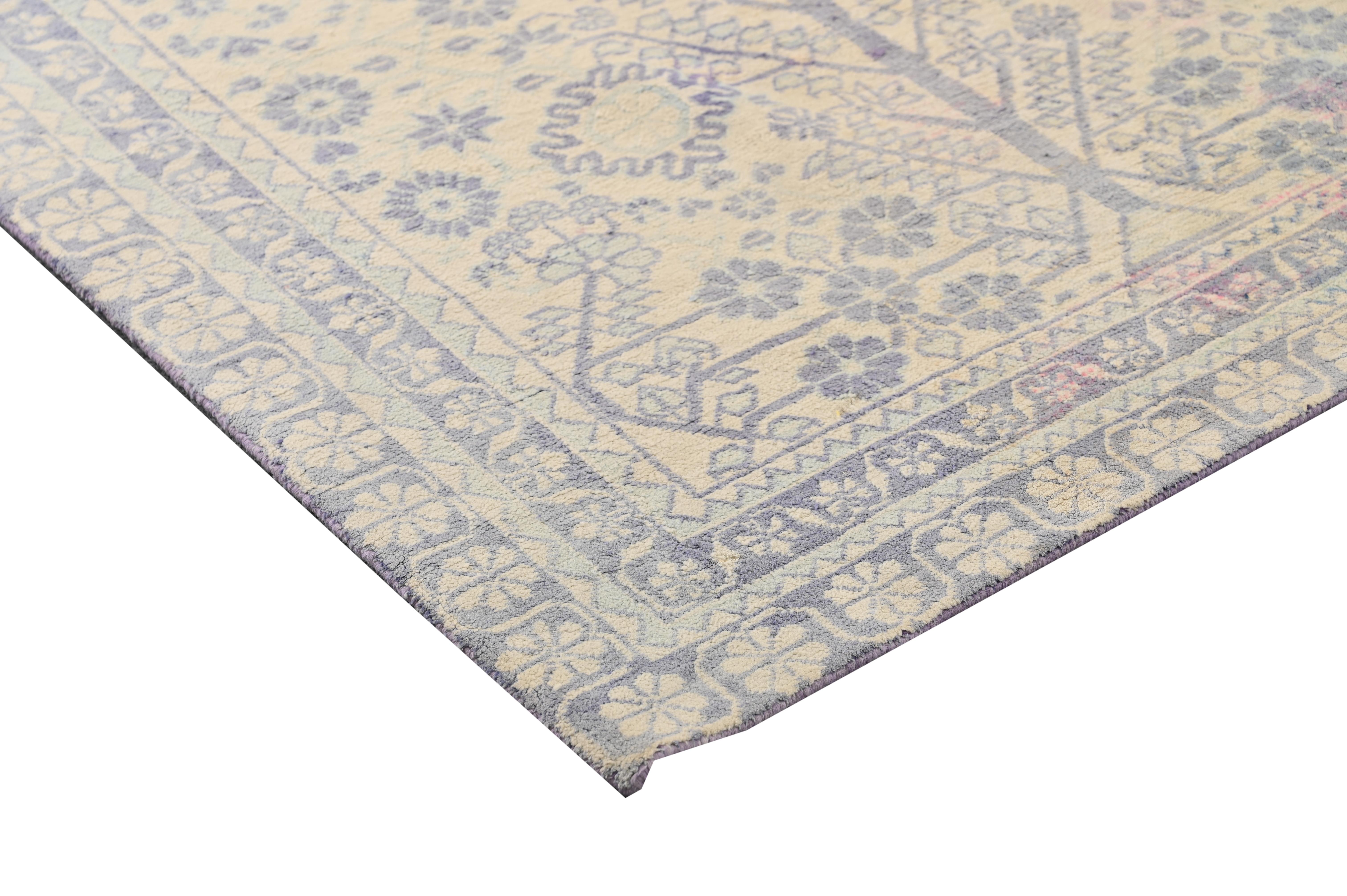 Hand-Knotted Vintage Dhurrie Flat Weave in Ivory with Blue Floral Pattern by Rug & Kilim For Sale