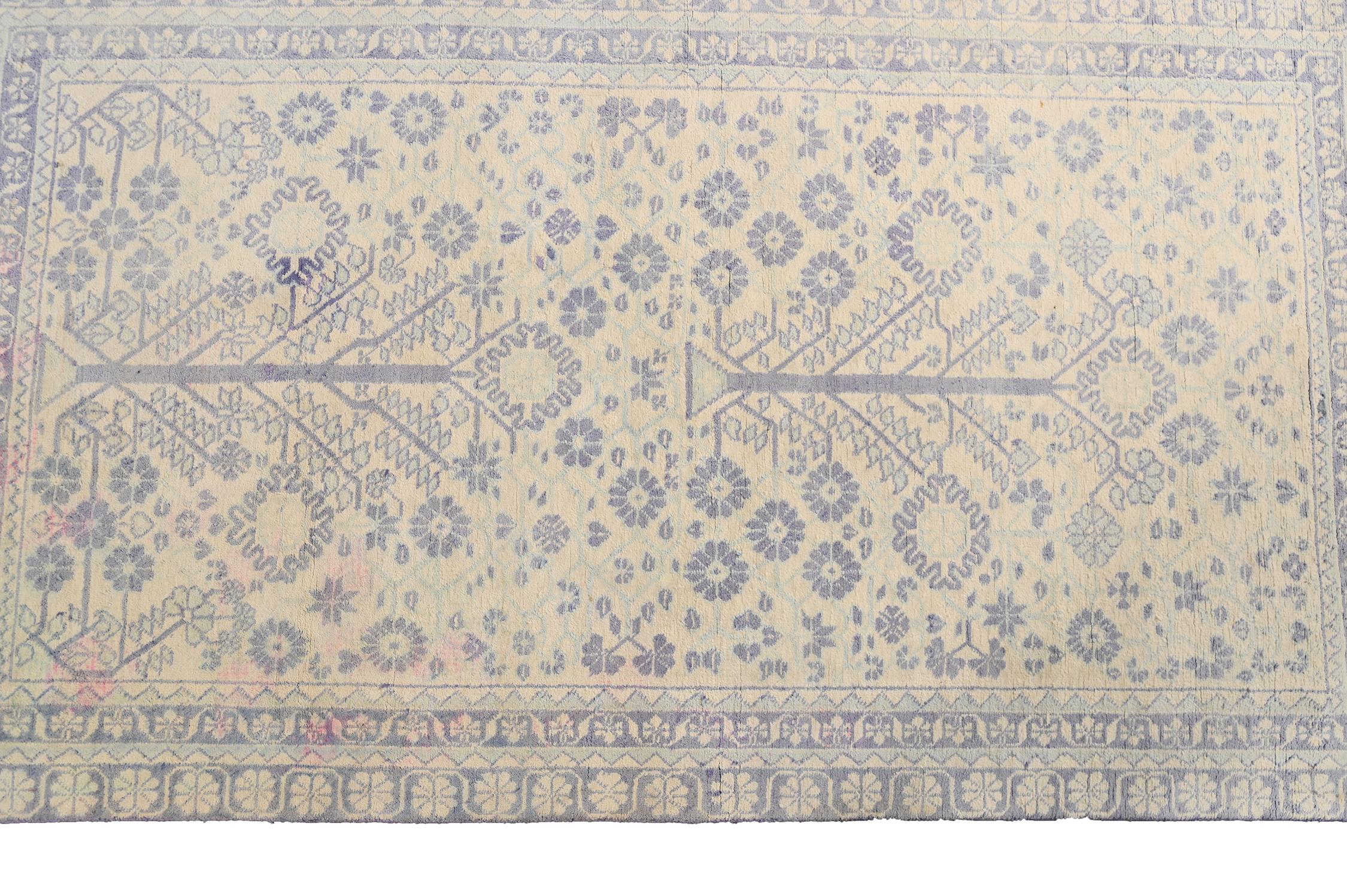 Vintage Dhurrie Flat Weave in Ivory with Blue Floral Pattern by Rug & Kilim In Good Condition For Sale In Long Island City, NY