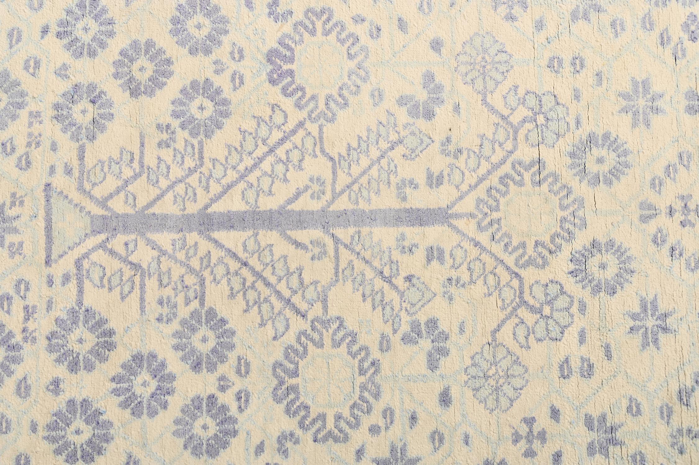 Mid-20th Century Vintage Dhurrie Flat Weave in Ivory with Blue Floral Pattern by Rug & Kilim For Sale