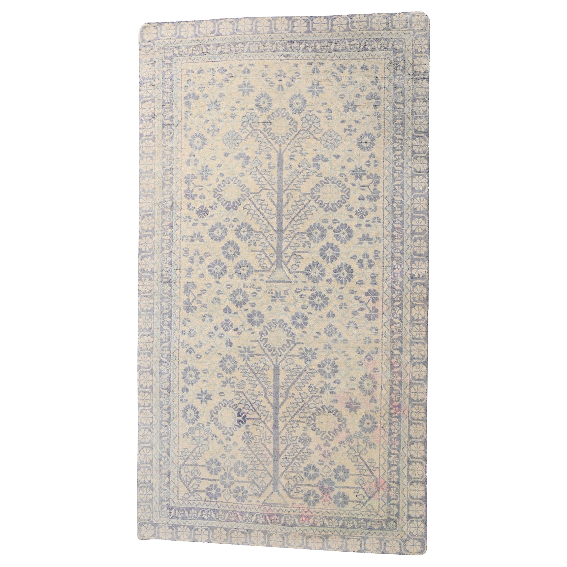 Dhurrie Vintage Tejido Plano en Marfil con Diseño Floral Azul by Rug & Kilim
