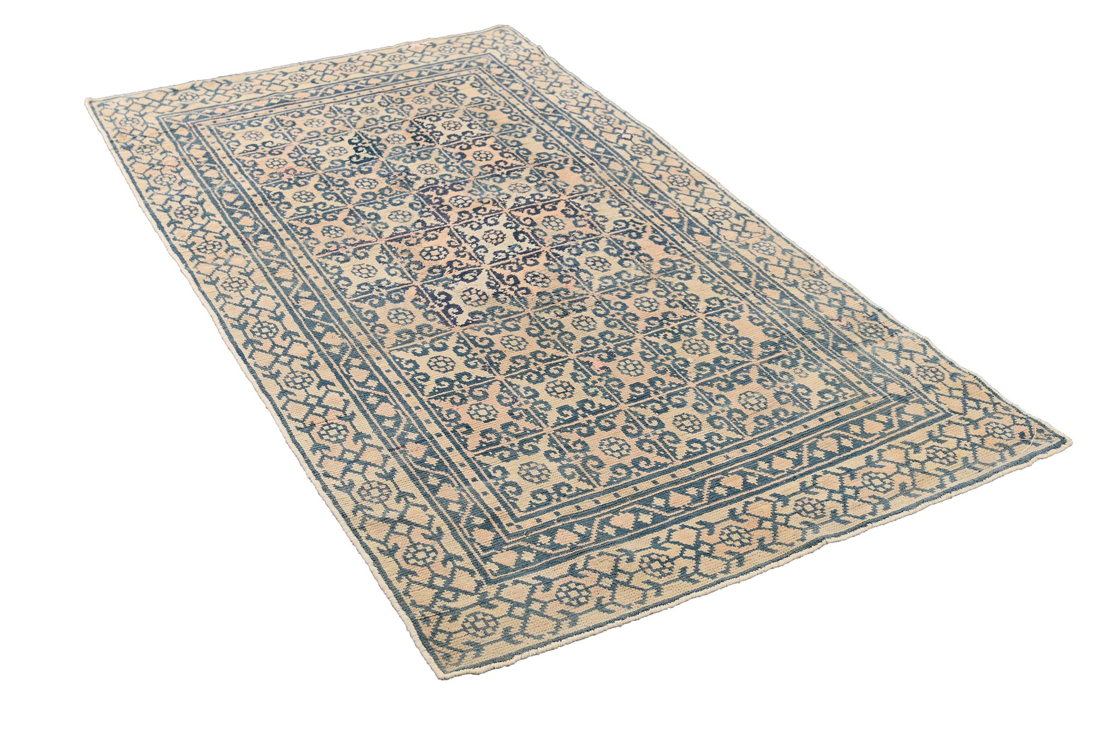 Indian Vintage Dhurrie Flat Weave in Ivory with Blue Patterns by Rug & Kilim For Sale