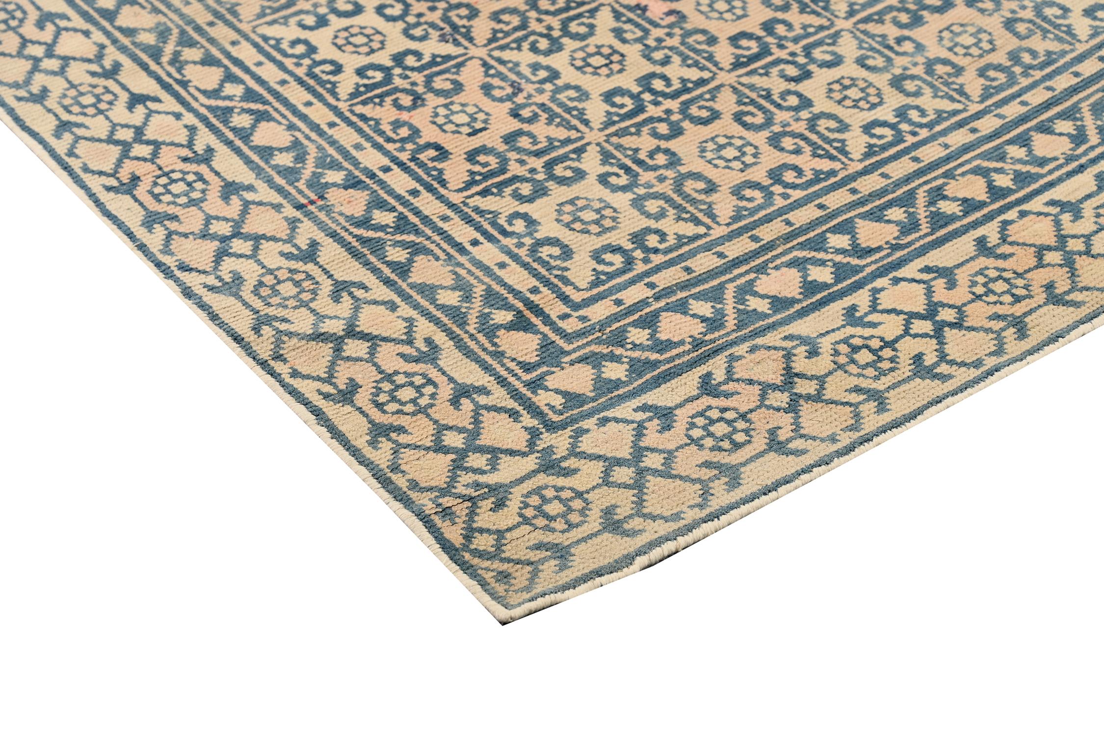 Hand-Knotted Vintage Dhurrie Flat Weave in Ivory with Blue Patterns by Rug & Kilim For Sale
