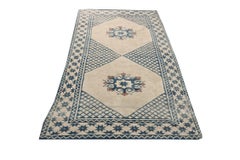 Vintage Dhurrie Flat Weave in Off-White with Blue Medallions by Rug & Kilim