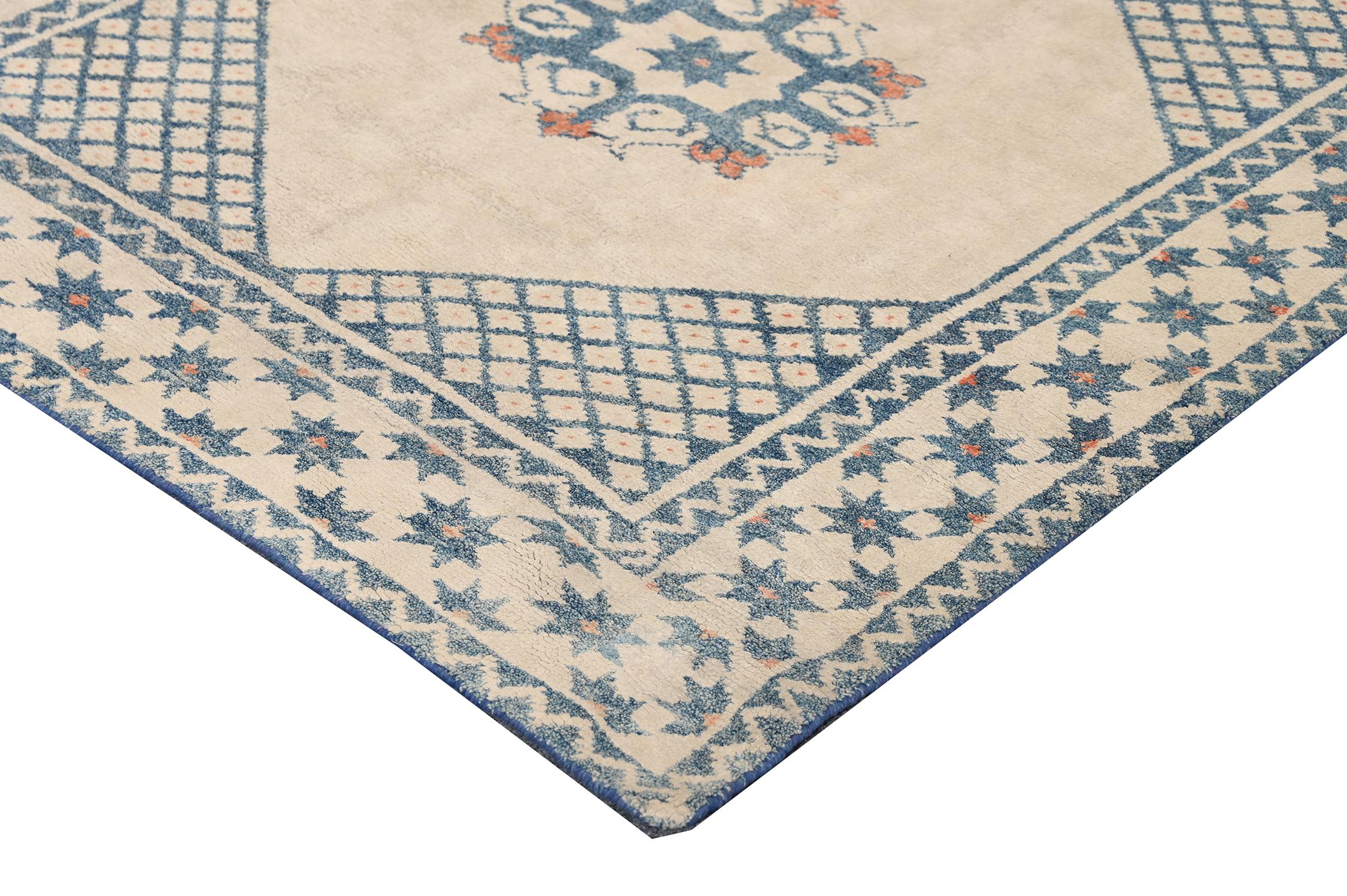 Hand-Knotted Vintage Dhurrie Flat Weave in Off-White with Blue Medallions by Rug & Kilim For Sale