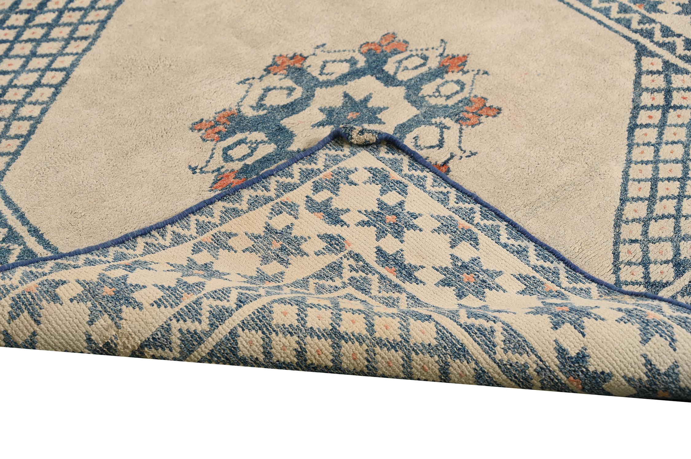 Wool Vintage Dhurrie Flat Weave in Off-White with Blue Medallions by Rug & Kilim For Sale