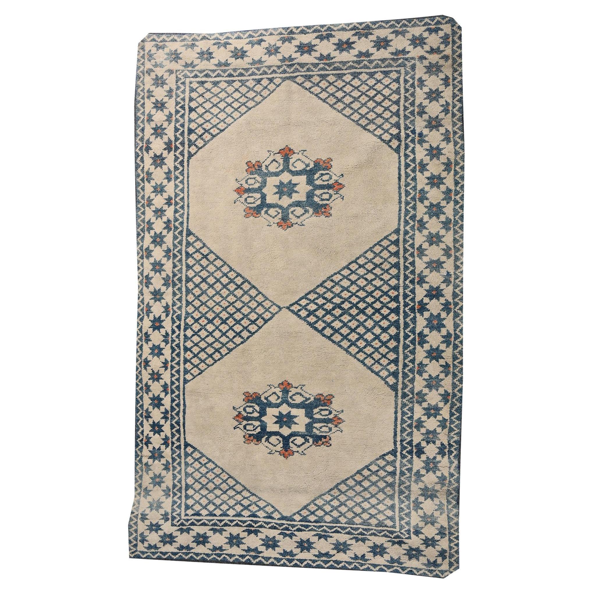 Vintage Dhurrie Flat Weave in Off-White with Blue Medallions by Rug & Kilim