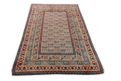 Vintage Dhurrie Flat Weave in Orange and Blue Floral Patterns by Rug & Kilim