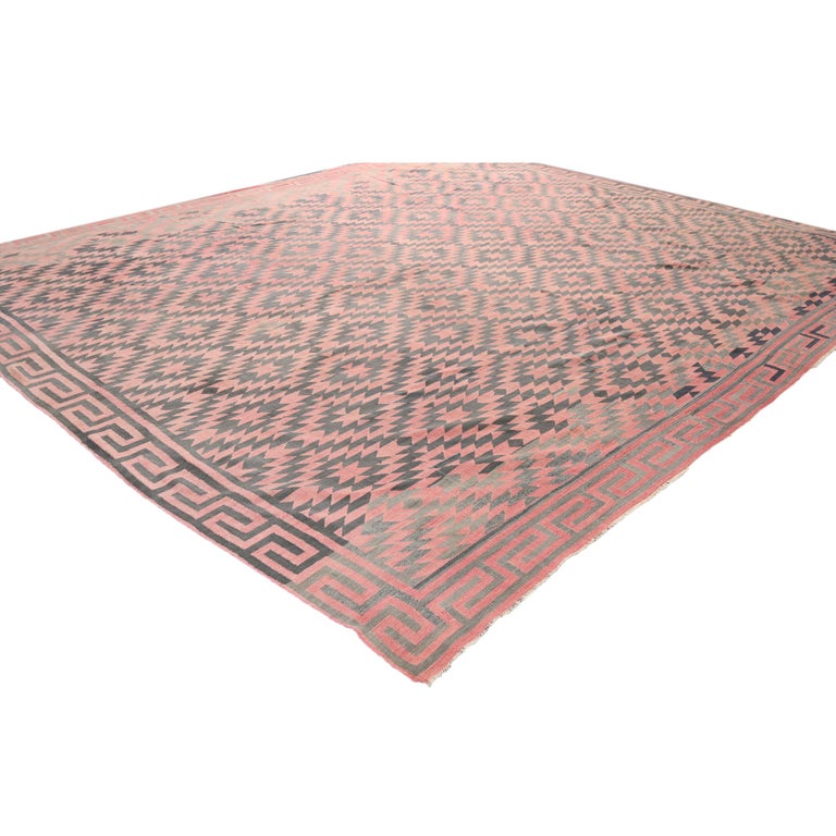 Vintage Dhurrie Flat Weave in Pink with Brown Geometric Patterns by Rug and Kilim For Sale at