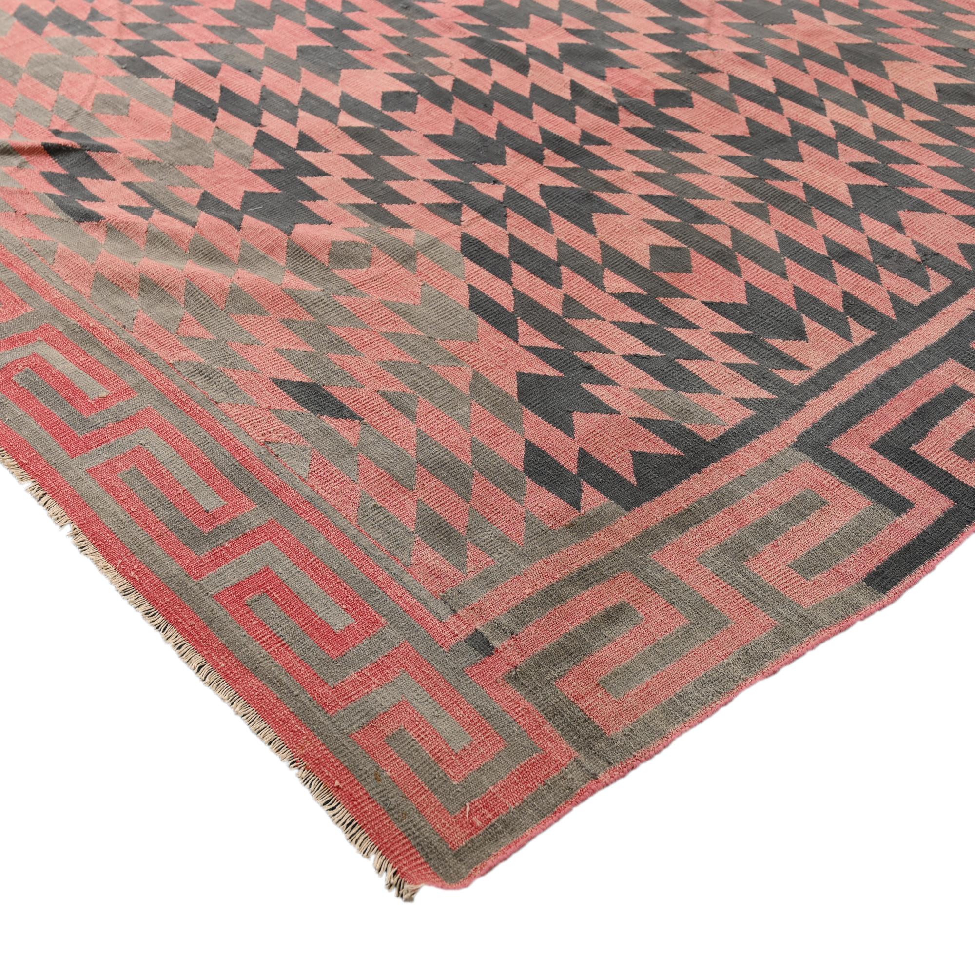 Indian Vintage Dhurrie Flat Weave in Pink with Brown Geometric Patterns by Rug & Kilim For Sale