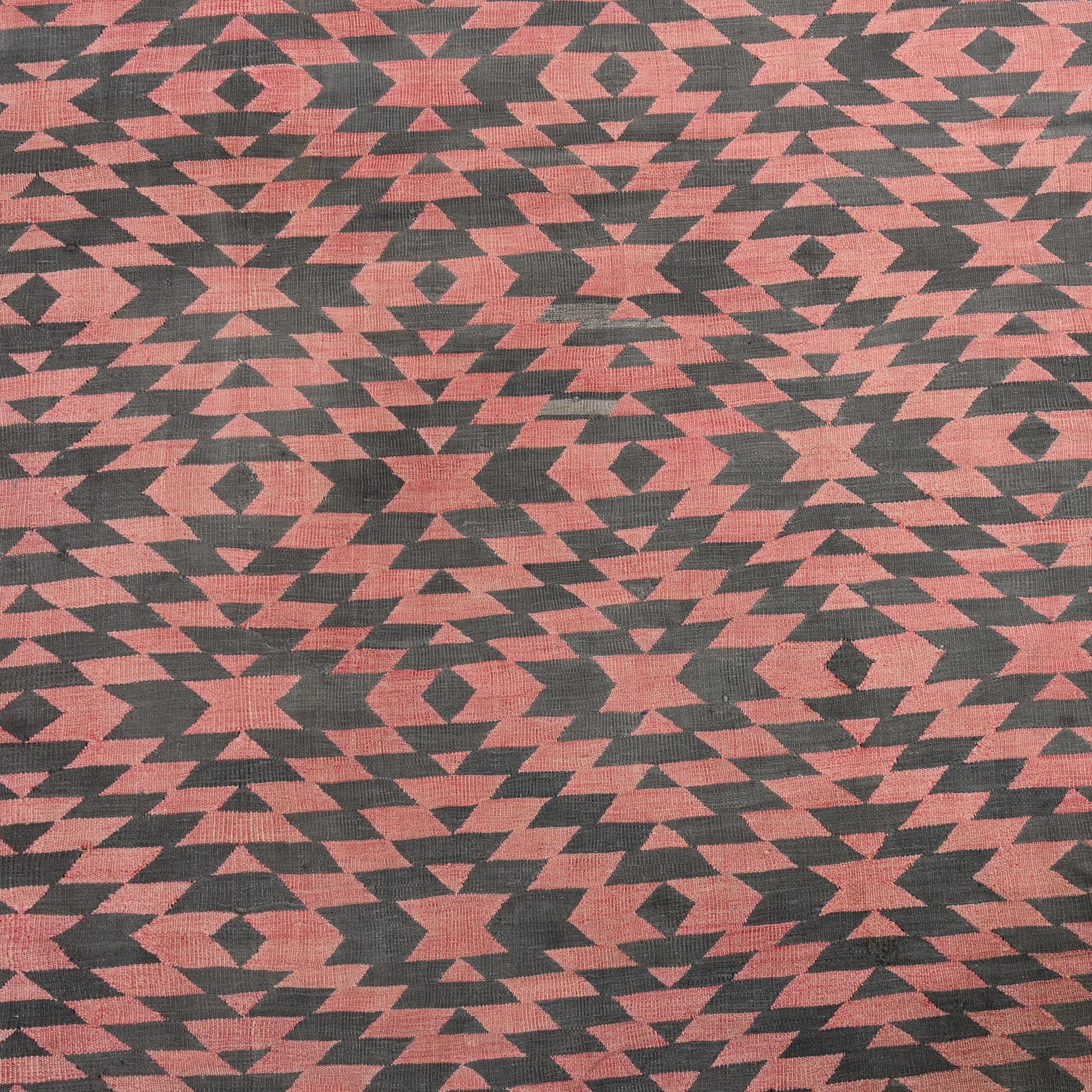 Hand-Knotted Vintage Dhurrie Flat Weave in Pink with Brown Geometric Patterns by Rug & Kilim For Sale