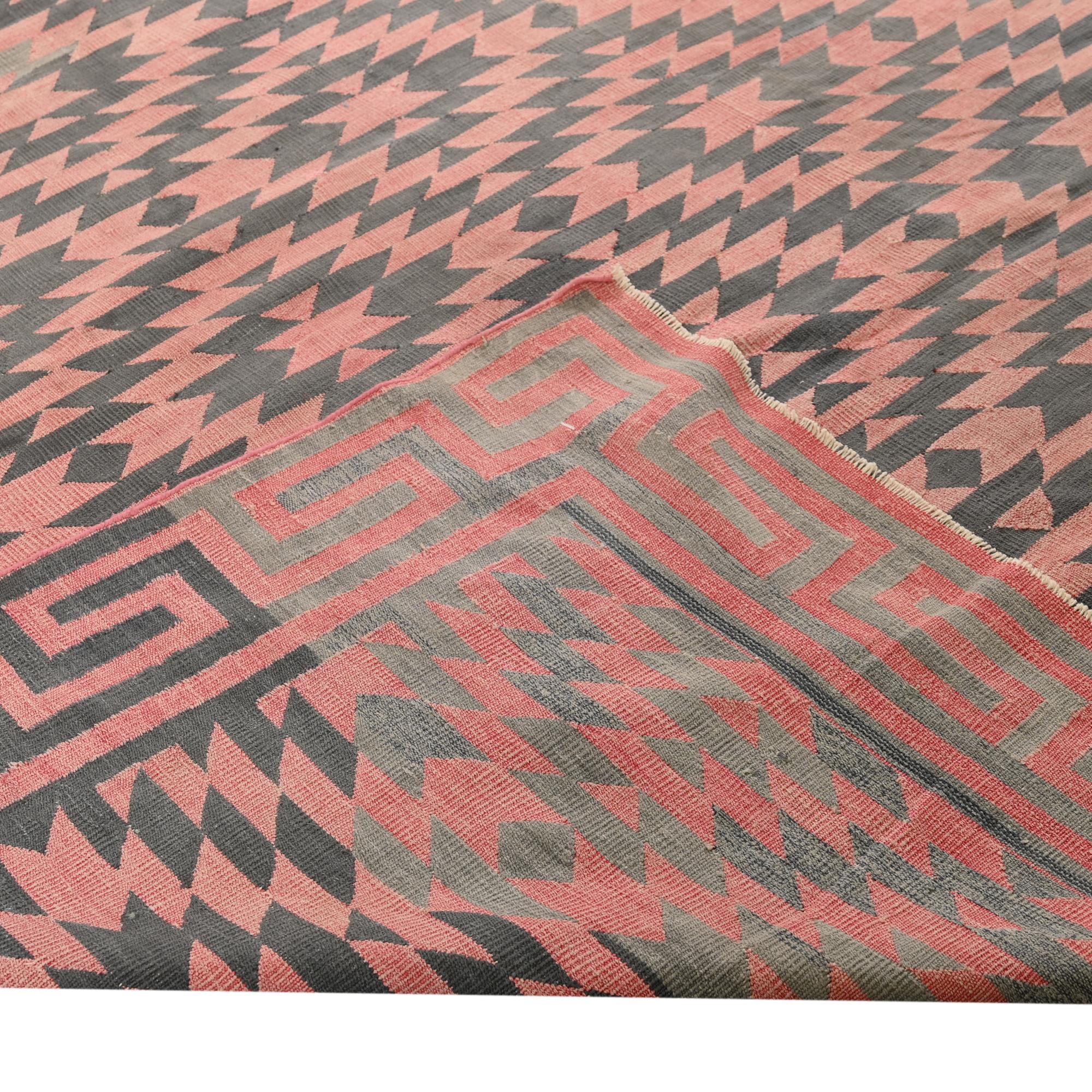 Vintage Dhurrie Flat Weave in Pink with Brown Geometric Patterns by Rug & Kilim In Good Condition For Sale In Long Island City, NY