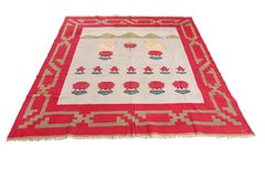 Vintage Dhurrie Flat Weave in Red and Blue with Swan Pictorials by Rug & Kilim