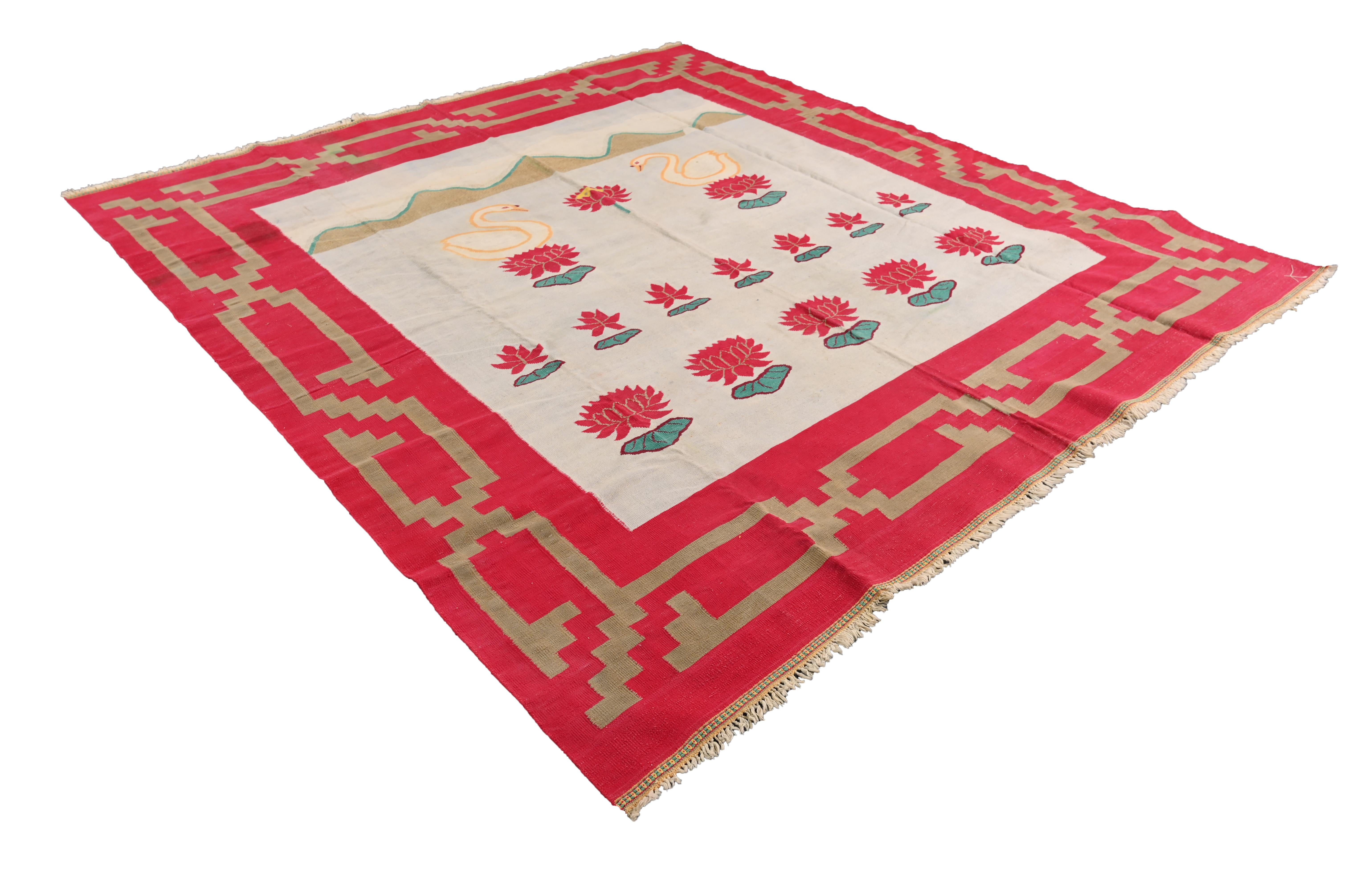 Indian Vintage Dhurrie Flat Weave in Red and Blue with Swan Pictorials by Rug & Kilim For Sale