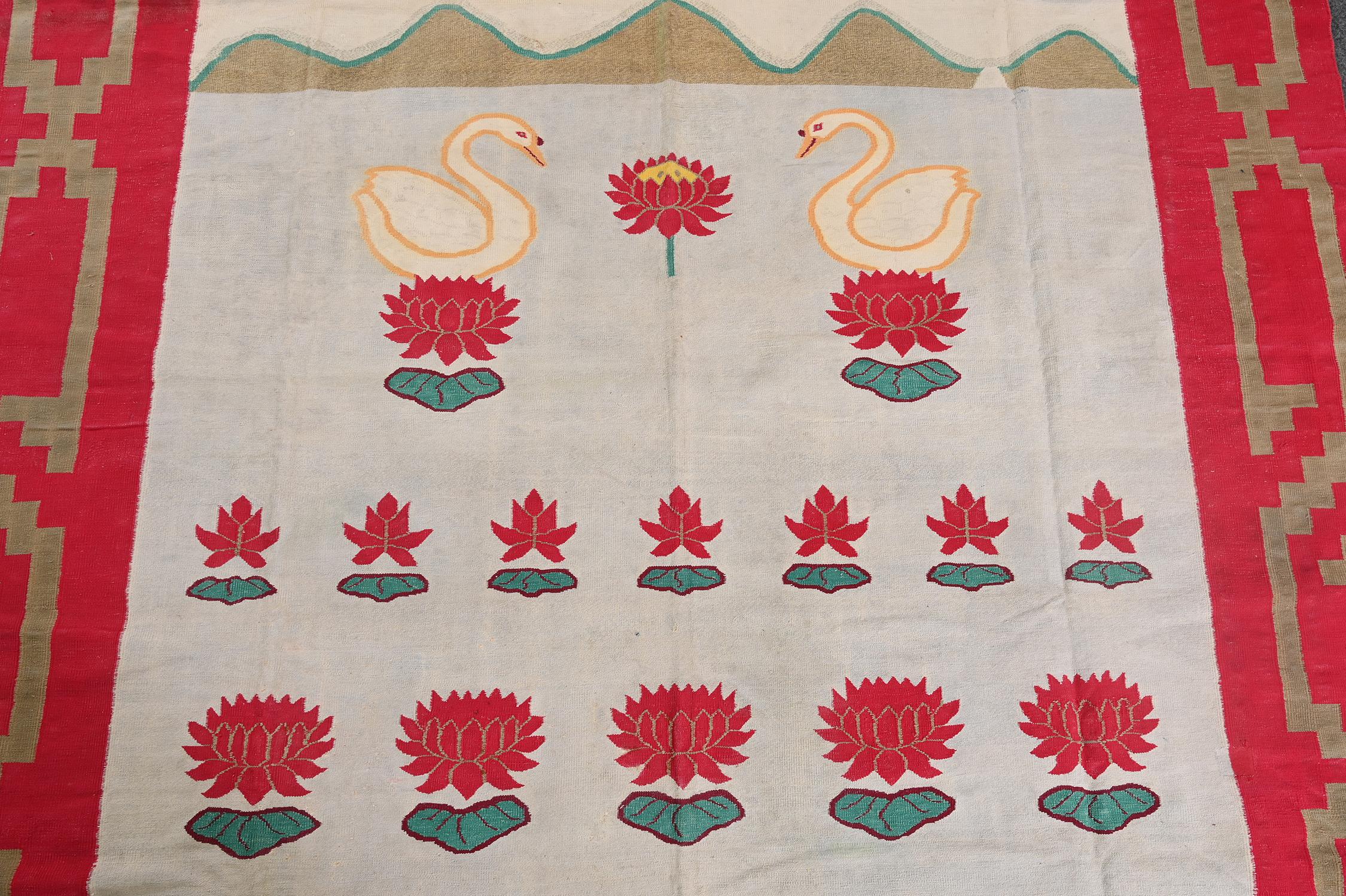 Hand-Knotted Vintage Dhurrie Flat Weave in Red and Blue with Swan Pictorials by Rug & Kilim For Sale